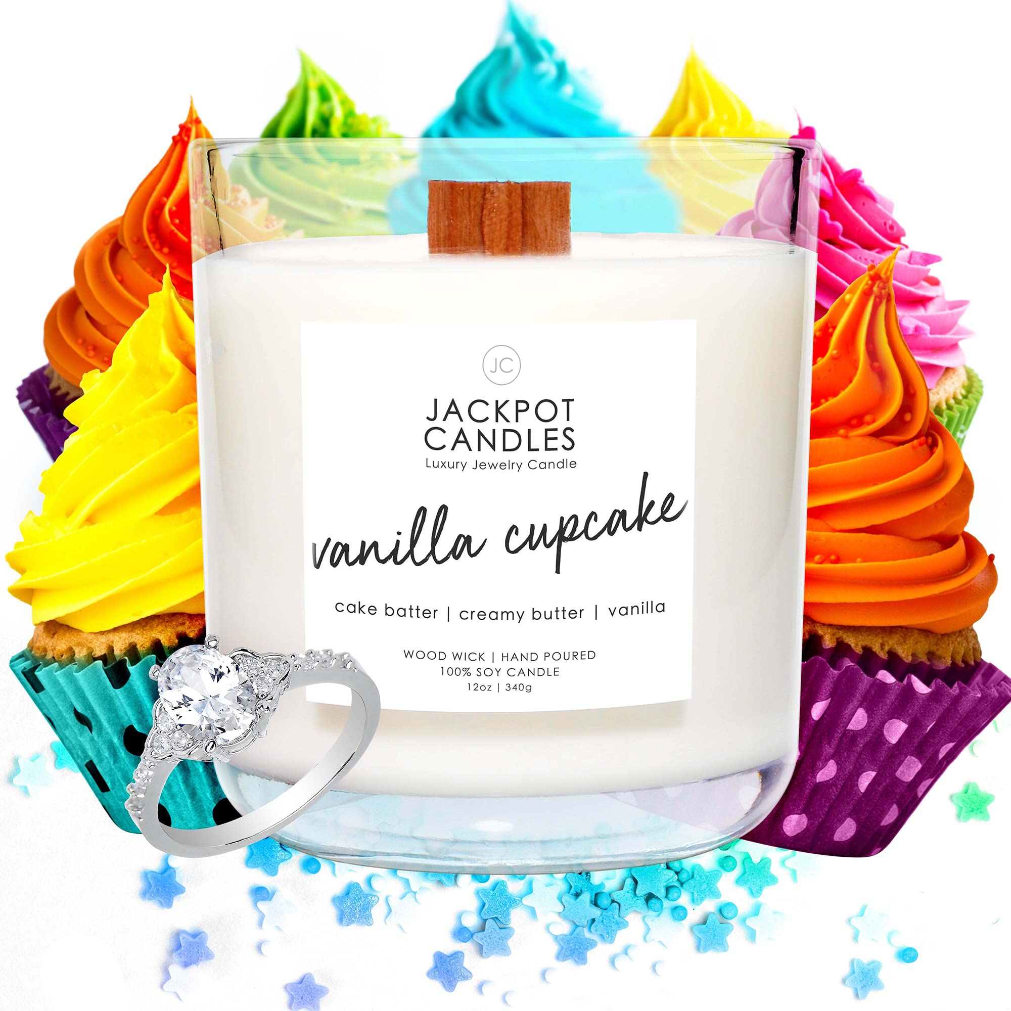 Vanilla Cupcake Scented Soy Candle with Surprise Jewelry Inside - Handmade in USA (Ring Size 10, $15-$5000 Value) - Perfect for Birthdays, Weddings & Home Decor