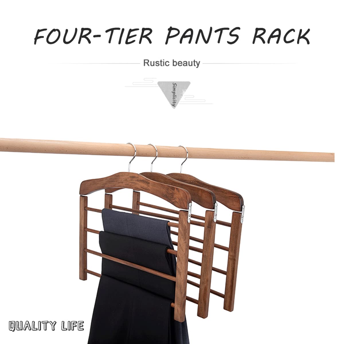 Wooden 4-Tier Pant Hanger - Space Saving Closet Organizer for Jeans, Pants, Scarves & Towels (2 Pack, Brown) - Perfect for Bedroom, Closet & Laundry Room Storage