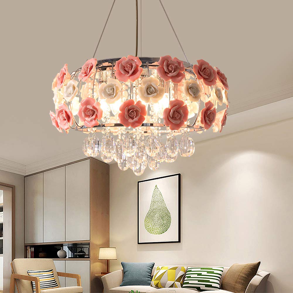 Pink Rose Crystal Chandelier - Round Ceiling Light Fixture for Living Room, Bedroom & Dining Room Decor | Elegant Lighting for Weddings, Home Renovation & Luxury Interior Design
