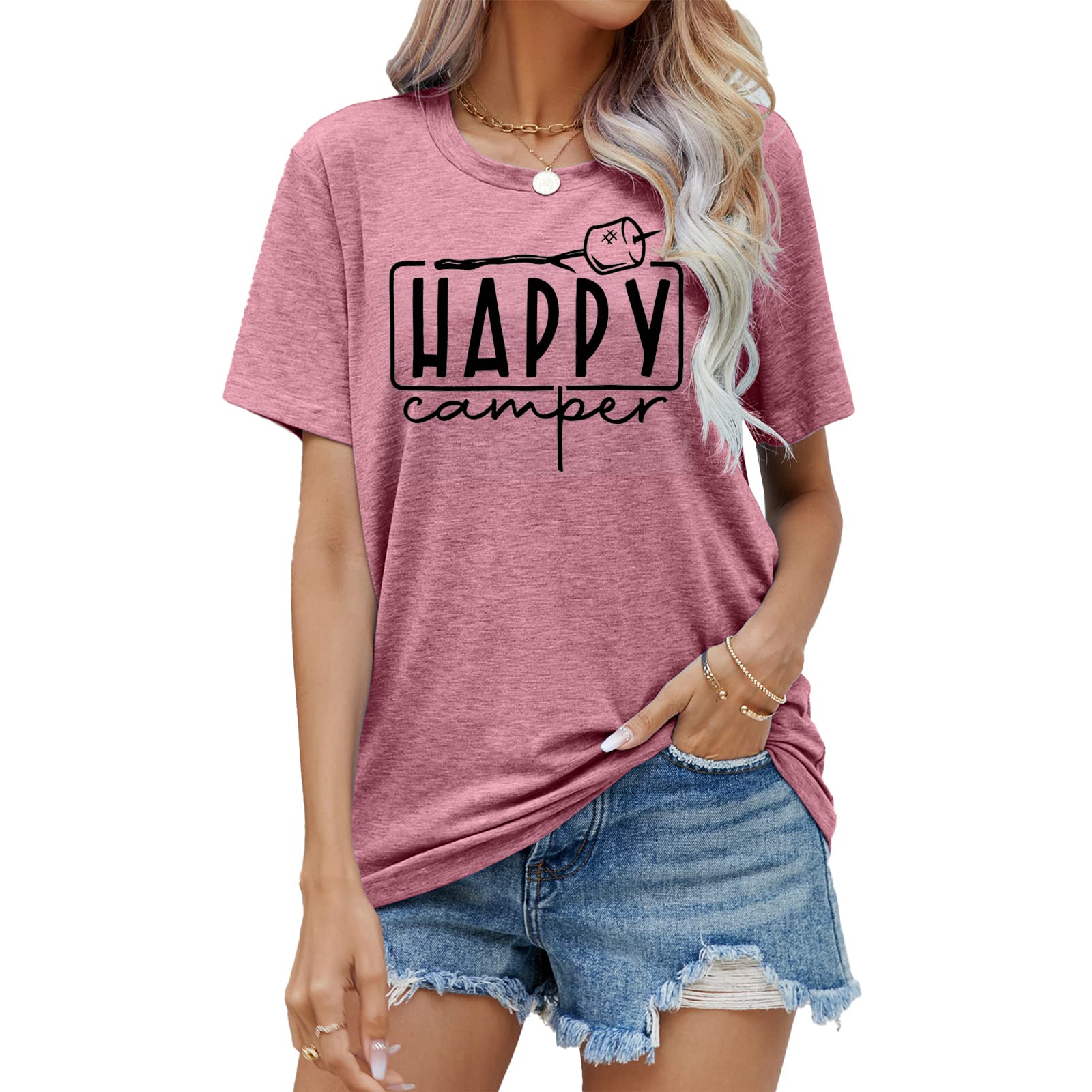 Happy Camper Graphic T-Shirt for Women - Funny Marshmallow Print Casual Camping Tee - Perfect for Summer Outdoor Adventures, Bonfires & Music Festivals
