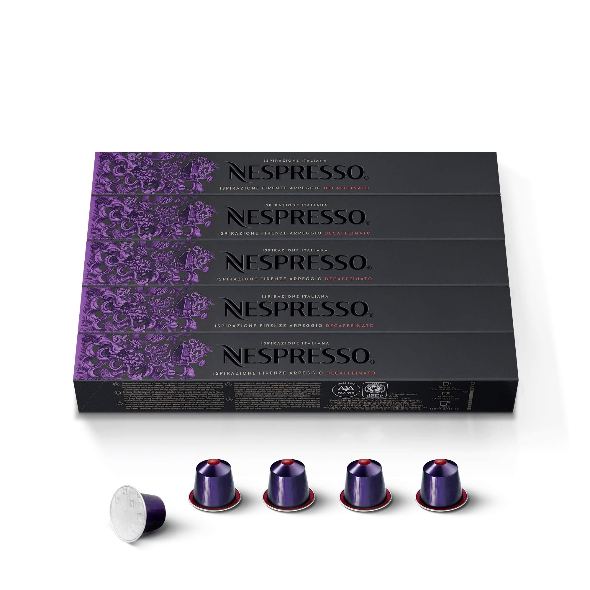 Nespresso OriginalLine Arpeggio Decaffeinato Dark Roast Coffee Pods - 50 Count Capsules for Espresso & Lungo | Perfect for Home & Office Coffee Brewing