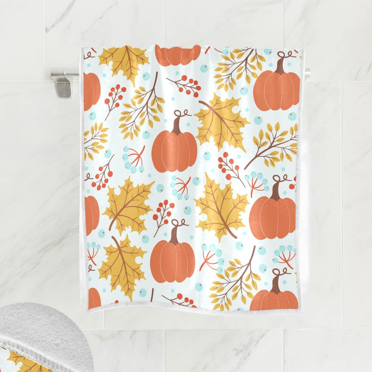 Wamika Pumpkin Maple Leaves Bath Towel Set - Highly Absorbent Hand, Shower & Kitchen Towels for Gym, Bathroom - Perfect for Autumn Decor, Thanksgiving & Everyday Use