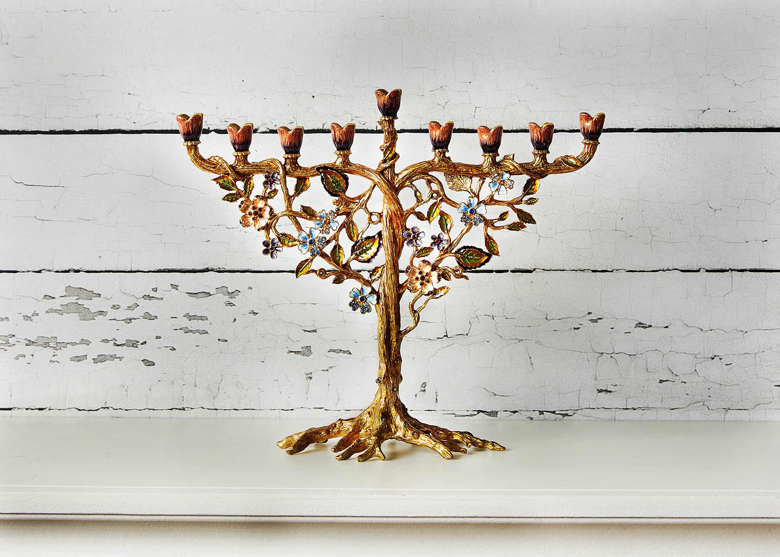 Hand Painted Jewish Menorah Candle Holder - Metal Hanukkah Candelabra with Crystal Embellishments & Floral Vine Design, Fits 9mm (5/16
