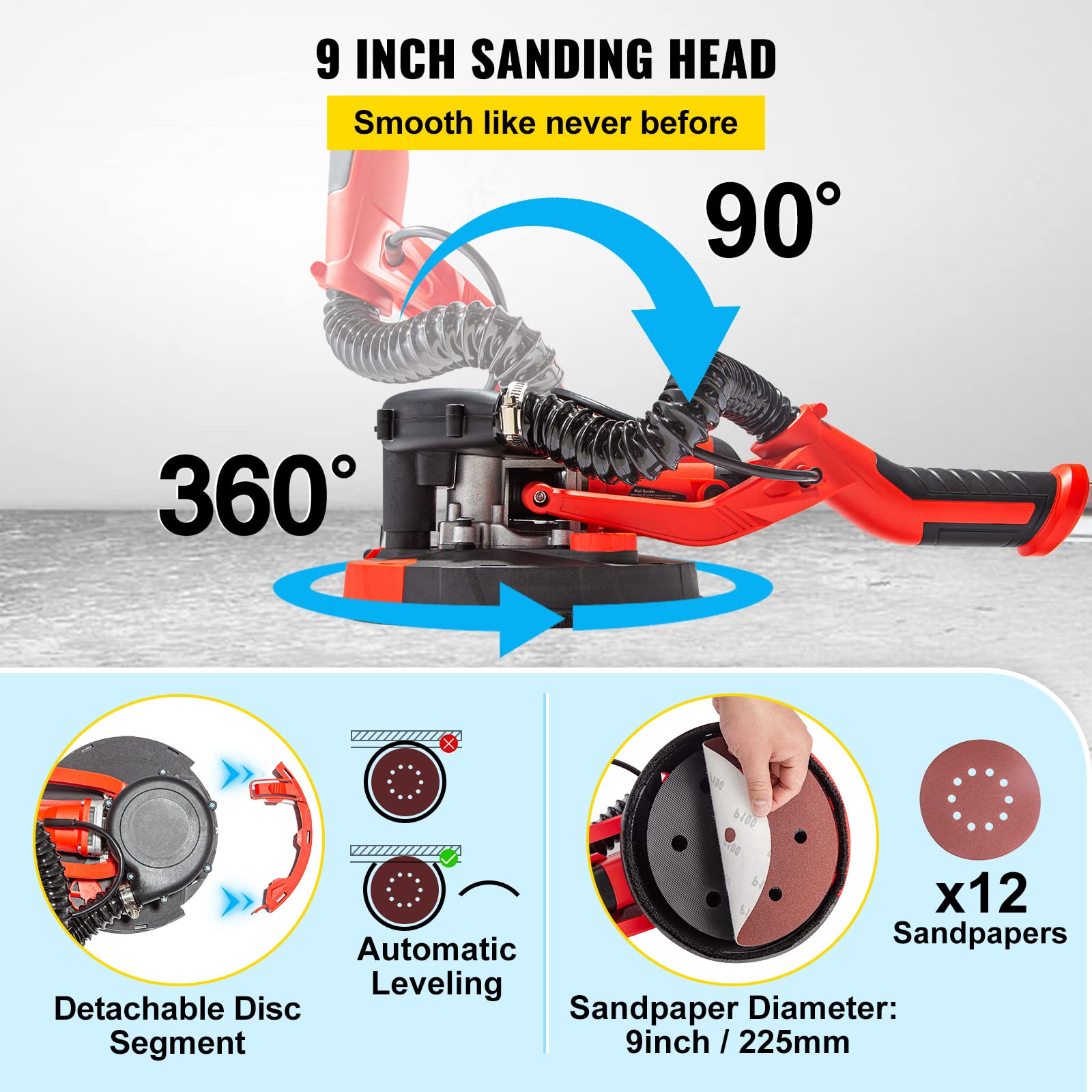 Mophorn 850W Electric Drywall Sander with Telescopic Handle, Variable Speed 800-1750RPM, LED Light & Vacuum Bag - 6 Sand Pads Included for Smooth Wall Finishing | Perfect for Home Renovation, Drywall Repair, and Professional Construction Projects