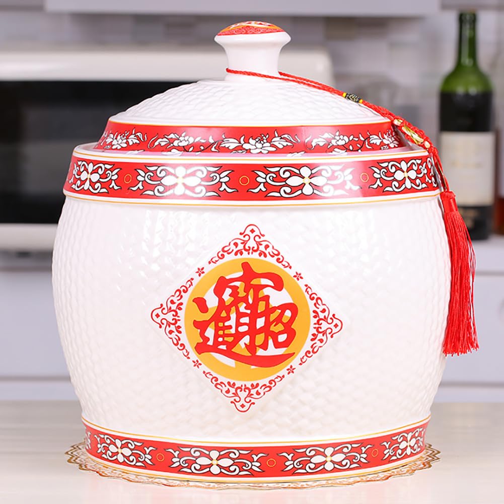Vintage Ceramic Rice Bucket with Lid - 12.5kg Food Storage Container for Rice, Noodles & Snacks - Perfect for Kitchen & Pantry Organization
