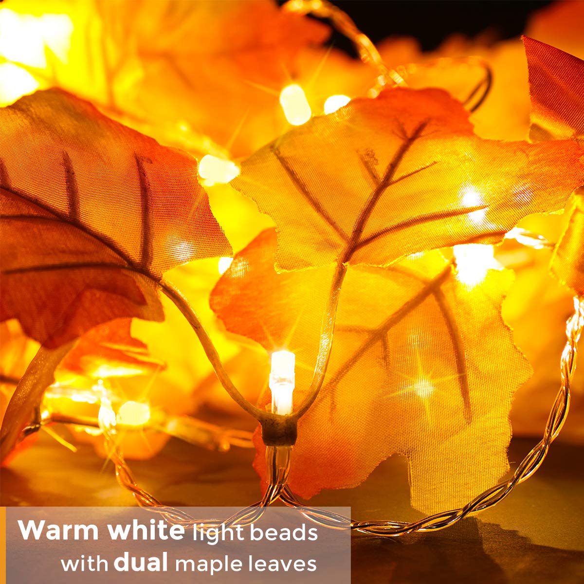Luditek 40LED Maple Leaf Garland Lights - 8 Lighting Modes with Timer, Battery Operated Waterproof String Lights for Thanksgiving, Halloween & Fall Decor | Indoor/Outdoor Autumn Decorations for Home, Garden, and Party