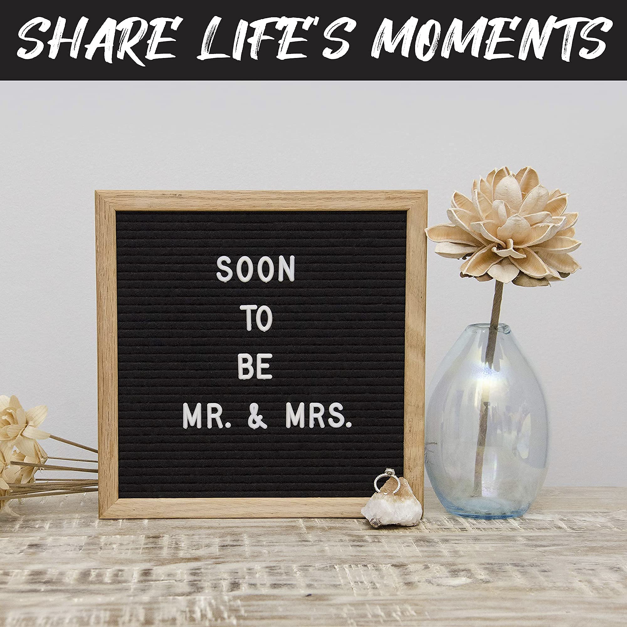 10x10 Inch Felt Letter Board with 300 Changeable Letters - White Oak Frame Message Board for Baby Announcements, Milestones, Office Decor, Home & Wedding Signage - Perfect for Nursery, Events, and Wall Decor (Black)