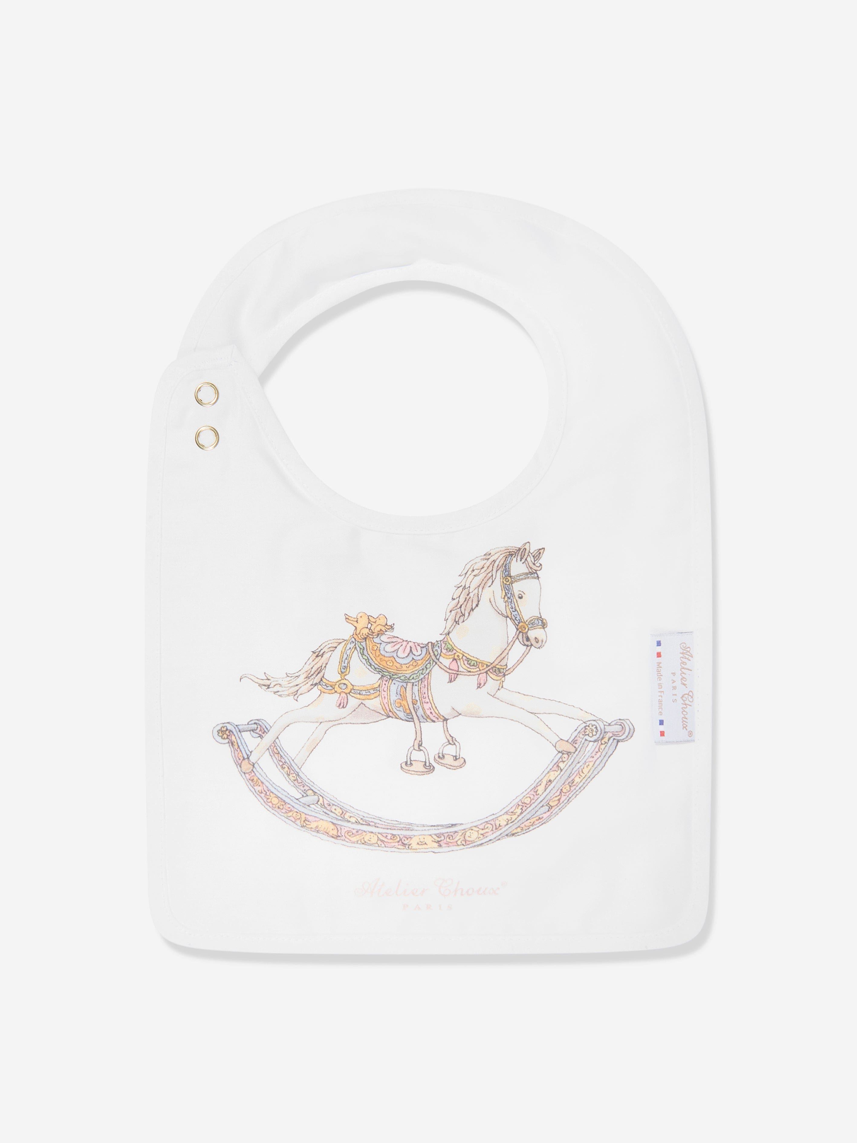 Atelier Choux Baby Rocking Horse Swaddle & Satin Bib Gift Set - Premium White Cotton Newborn Essentials for Shower & Nursery Decor