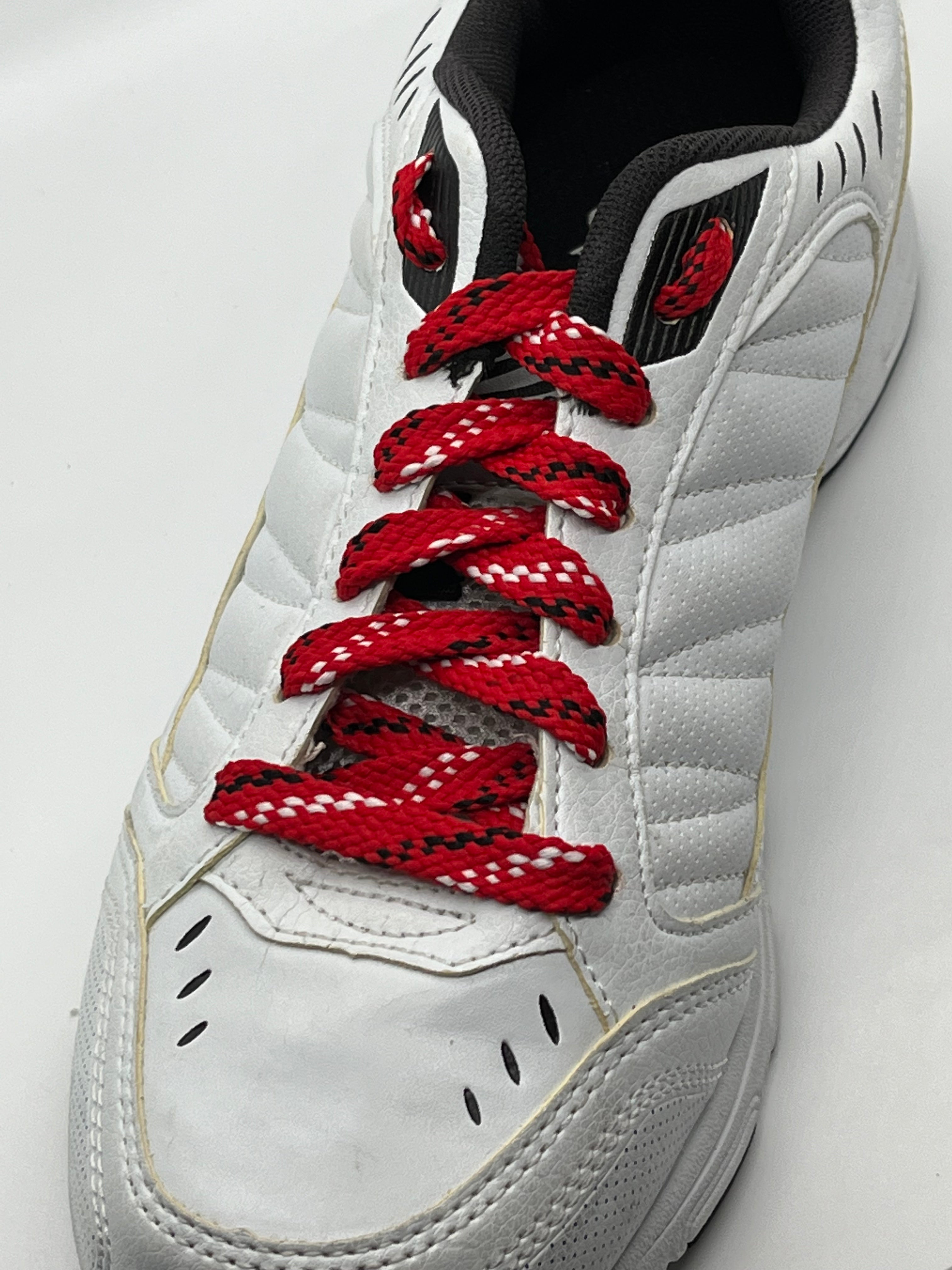 Flat Shoelaces - Red with Navy and White Slashes | Non-Slip Durable Shoelaces for Sneakers, Running Shoes & Casual Footwear | Perfect for Sports, Work & Everyday Wear