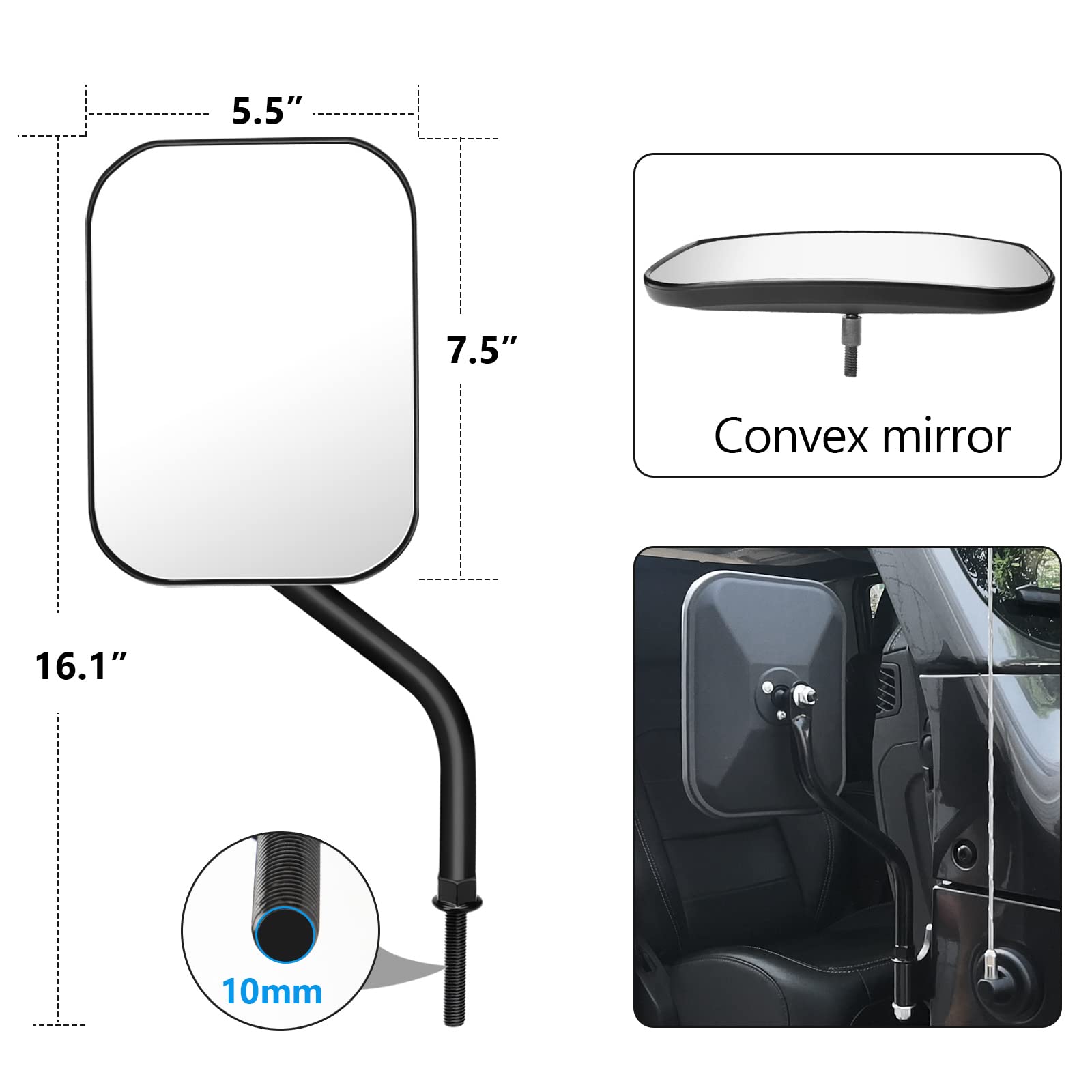 Jeep Wrangler JK CJ JL & Unlimited Side Mirrors - 2 Pack 5.5
