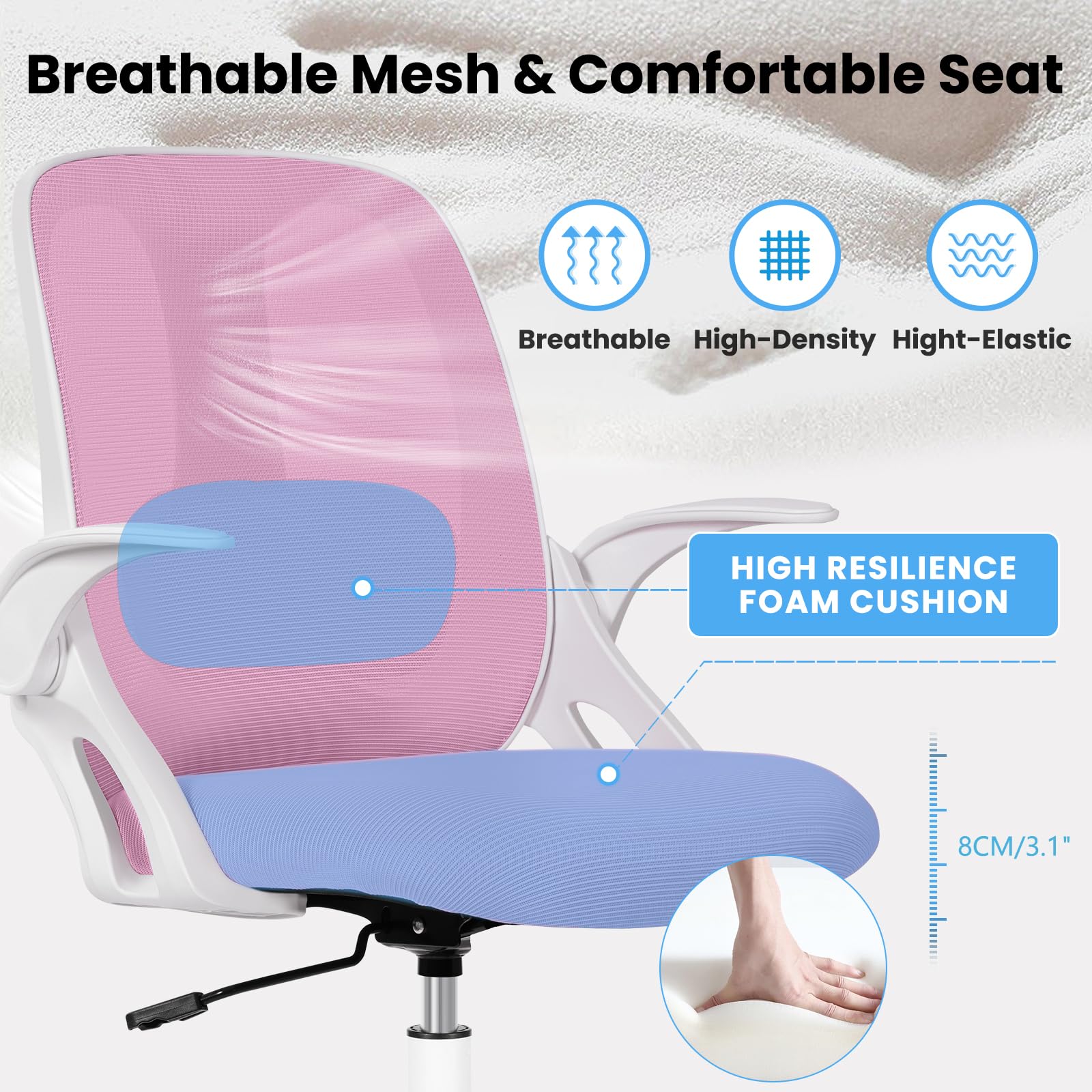 Ergonomic Drafting Chair with Adjustable Lumbar Support & Flip-Up Armrests - Tall Office Stool with Footrest Ring - Pink Executive Computer Chair for Home Office, Studio, and Standing Desk Workstations