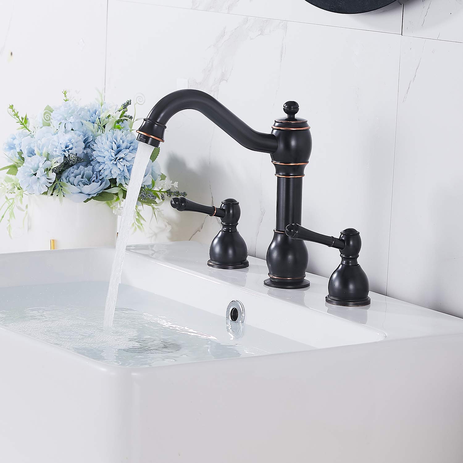 GGStudy Oil Rubbed Bronze 8-Inch Widespread Bathroom Faucet - 2 Handle 3 Hole Brass Sink Faucet with Pop-Up Drain - Perfect for Modern Bathroom & Powder Room Renovation