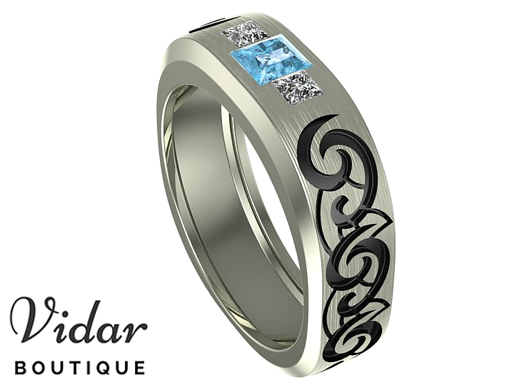 Handcrafted Tribal Men's Aquamarine Wedding Band - Sterling Silver or Tungsten Carbide - Perfect for Engagement, Anniversary & Special Occasions