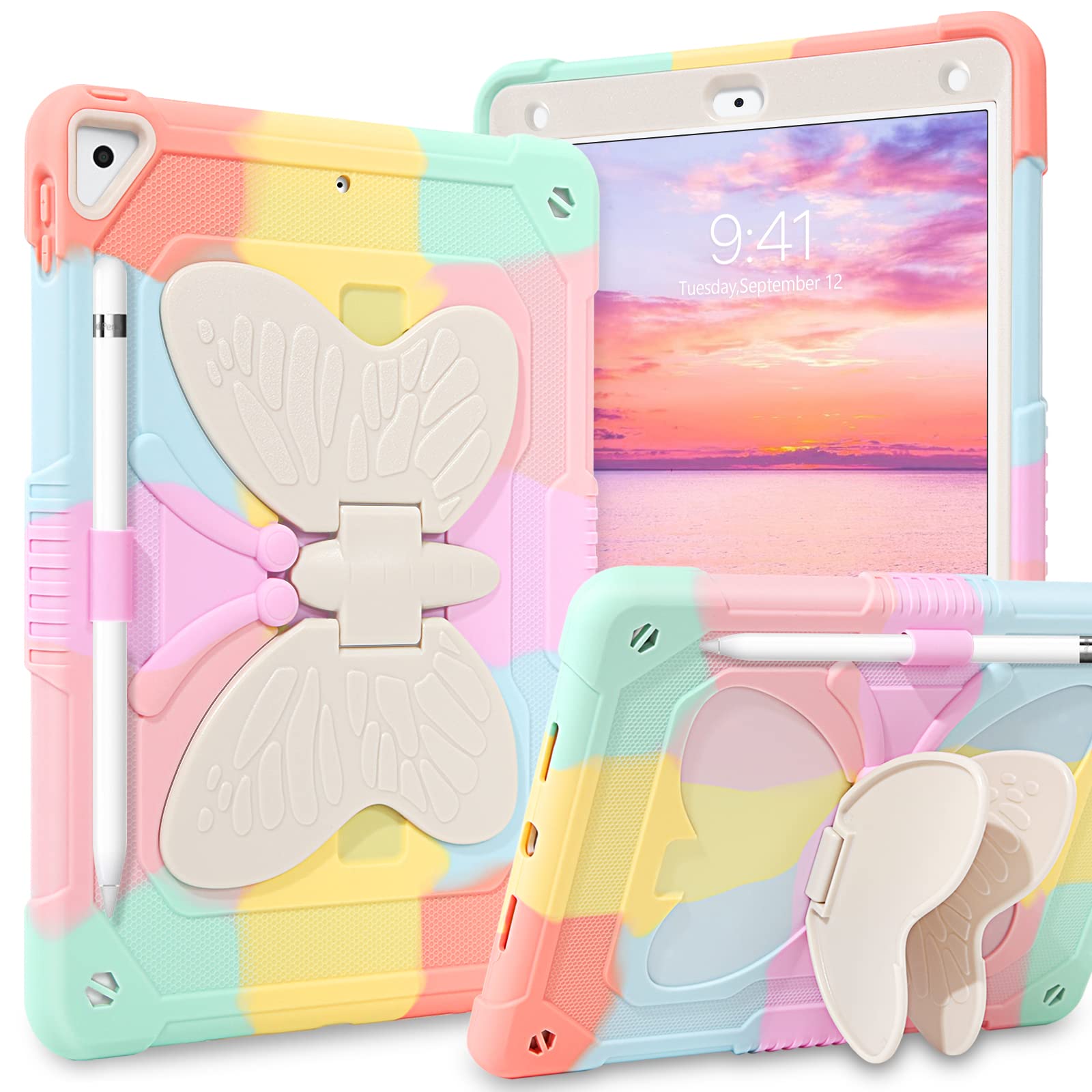 DUEDUE Shockproof Kids iPad Case for iPad Air 2/5th/6th Gen (2017/2018) & iPad Pro 9.7 - Butterfly Wings Design with Kickstand & Pencil Holder | Heavy Duty Protective Cover for School, Travel & Home Use | Rainbow Color