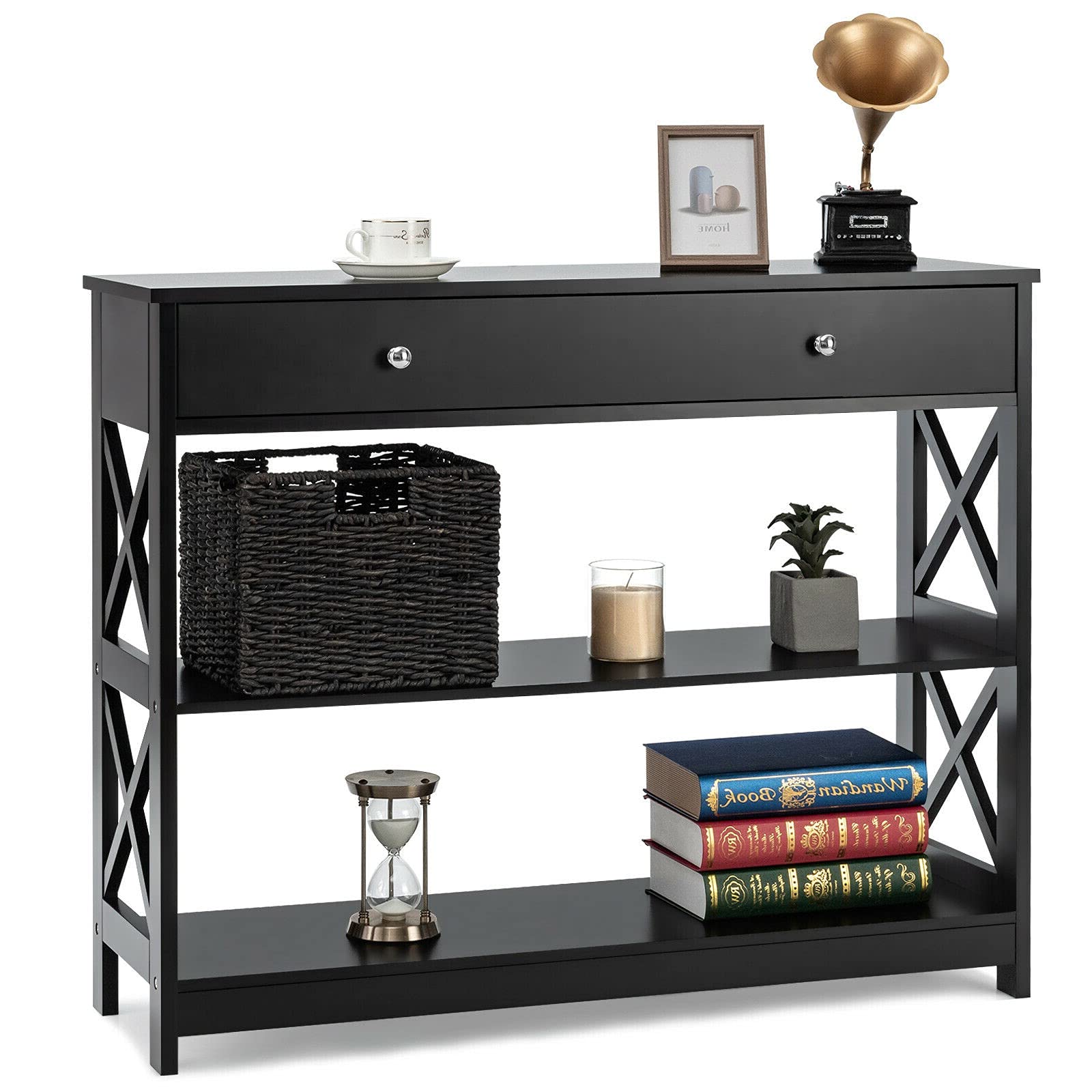 Black 3-Tier Entryway Console Table with Large Drawer & 2 Storage Shelves - Hallway Sofa Side Table, TV Stand, Bookshelf for Living Room, Bedroom - Perfect for Organizing Books, Photo Frames, Toys, Keys & Sunglasses