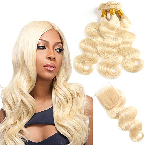 613 Blonde Body Wave Peruvian Human Hair Bundles with Lace Closure & Baby Hair | 16+14 Inch Honey Blonde Remy Hair Extensions for Styling & Volume | Perfect for Daily Wear, Parties & Special Occasions
