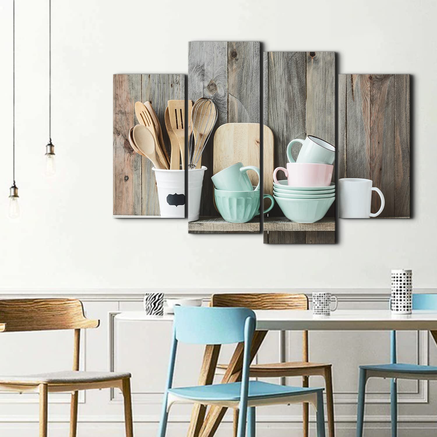 Farmhouse Kitchen Wall Art Set of 4 - Rustic Dining Room Decor with Wood Grain Coffee Cup Canvas Prints (48x32 Inch) - Perfect for Country Cabin, Bar & Modern Home Decor
