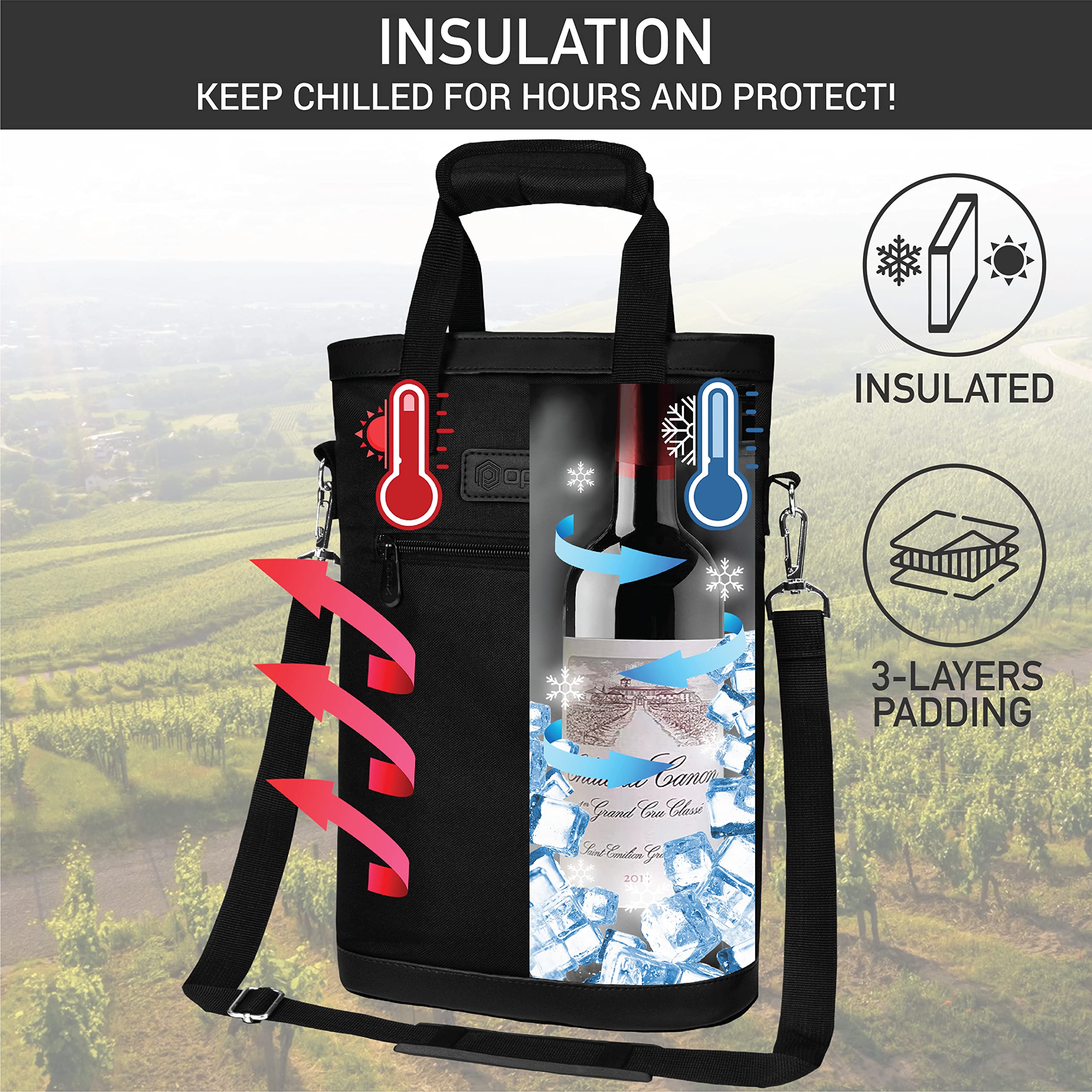 OPUX Insulated Leakproof 2 Bottle Wine Cooler Bag - Portable Wine Tote Carrier for Travel, Picnic & BYOB - Perfect Gift for Wine Lovers (Men & Women) - Birthday, Christmas & Party Essential - Black