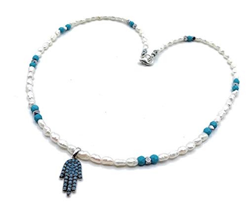 Elegant Turquoise & Pearl Hamsa Necklace - Delicate Evil Eye Protection Amulet Jewelry for Women | Perfect for Spiritual Protection, Boho Fashion & Gift Giving