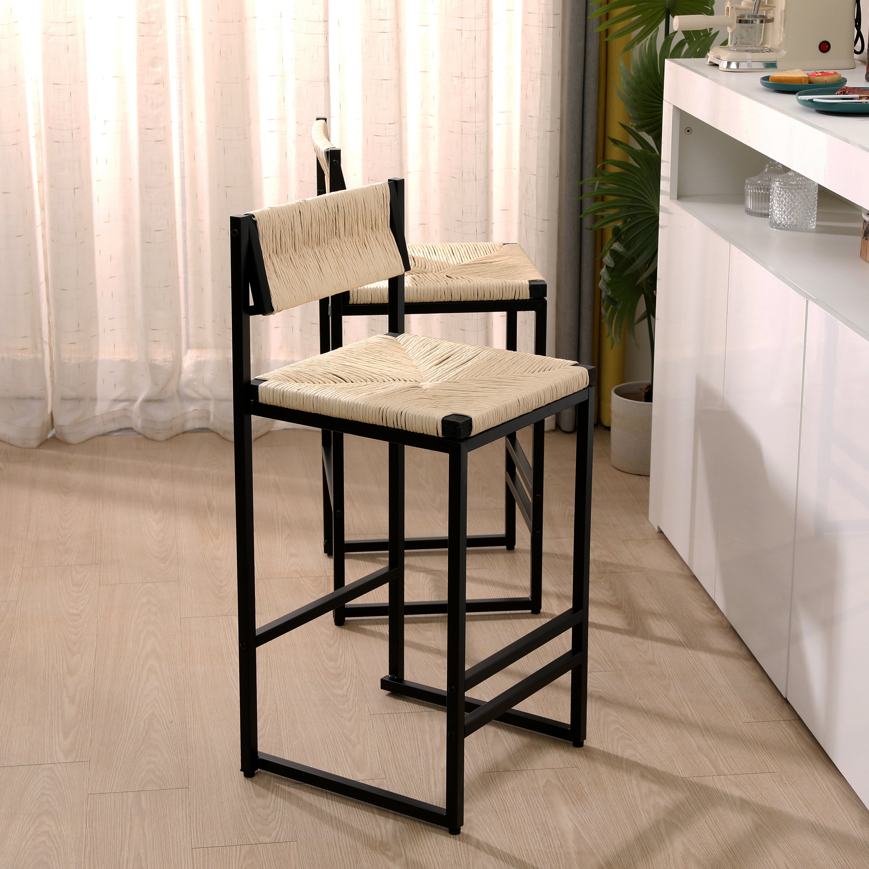Handwoven Creamy White Paper Rope Bar Stools Set of 2 with Footrest - Natural Woven Counter Height Stools for Kitchen Island, Dining Room, Breakfast Nook & Patio Decor