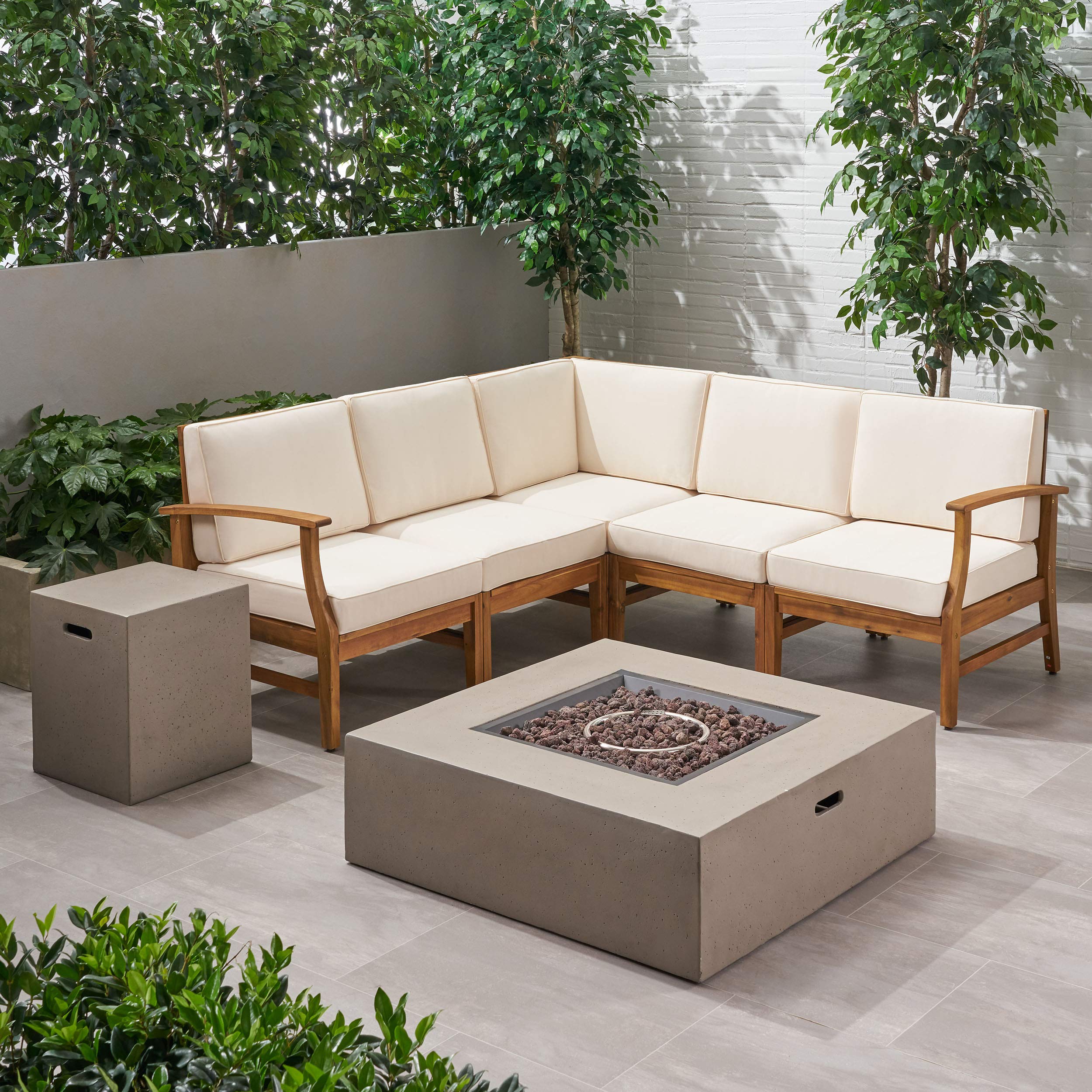 Premium 6-Piece Acacia Wood Outdoor Sofa Set with Square Fire Pit Table & Tank - Teak, Creme & Light Gray Patio Furniture for Backyard, Garden, Poolside & Deck Relaxation