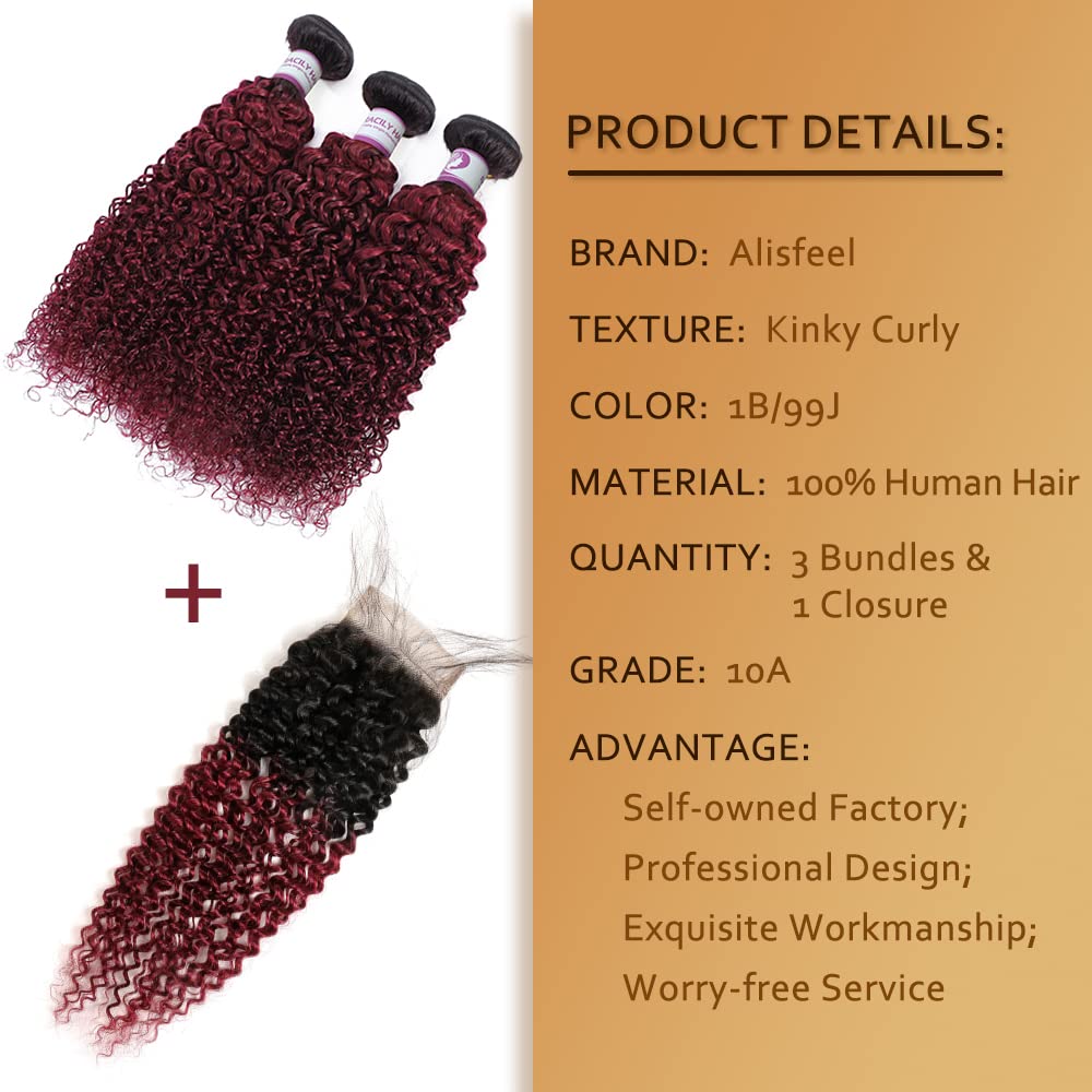 Ombre Burgundy Brazilian Curly Hair Extensions 3 Bundles with 16