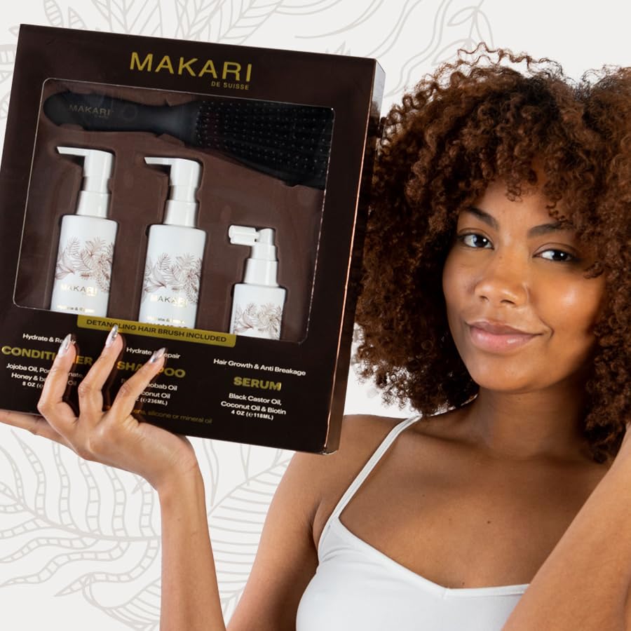 **Makari Hair Care Set with Shampoo, Conditioner, Serum & Hair Brush | Nourishes Scalp, Strengthens Hair, Reduces Dryness & Adds Shine | For All Hair Types | Perfect for Daily Use, Salon-Like Results at Home**