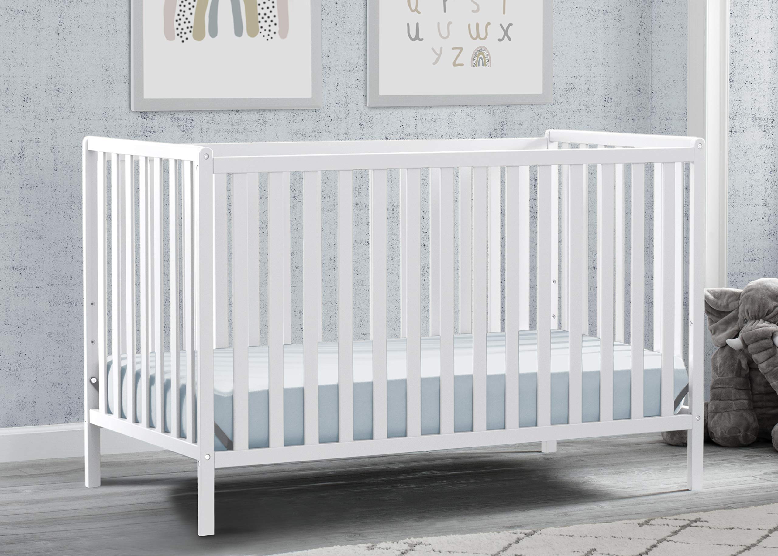 Delta Children Heartland 4-in-1 Convertible Crib in Bianca White with Twinkle Galaxy Dual-Sided Recycled Fiber Core Mattress - Nursery Furniture Set for Baby & Toddler | Safe Sleep Solution for Newborn to Big Kid Transition