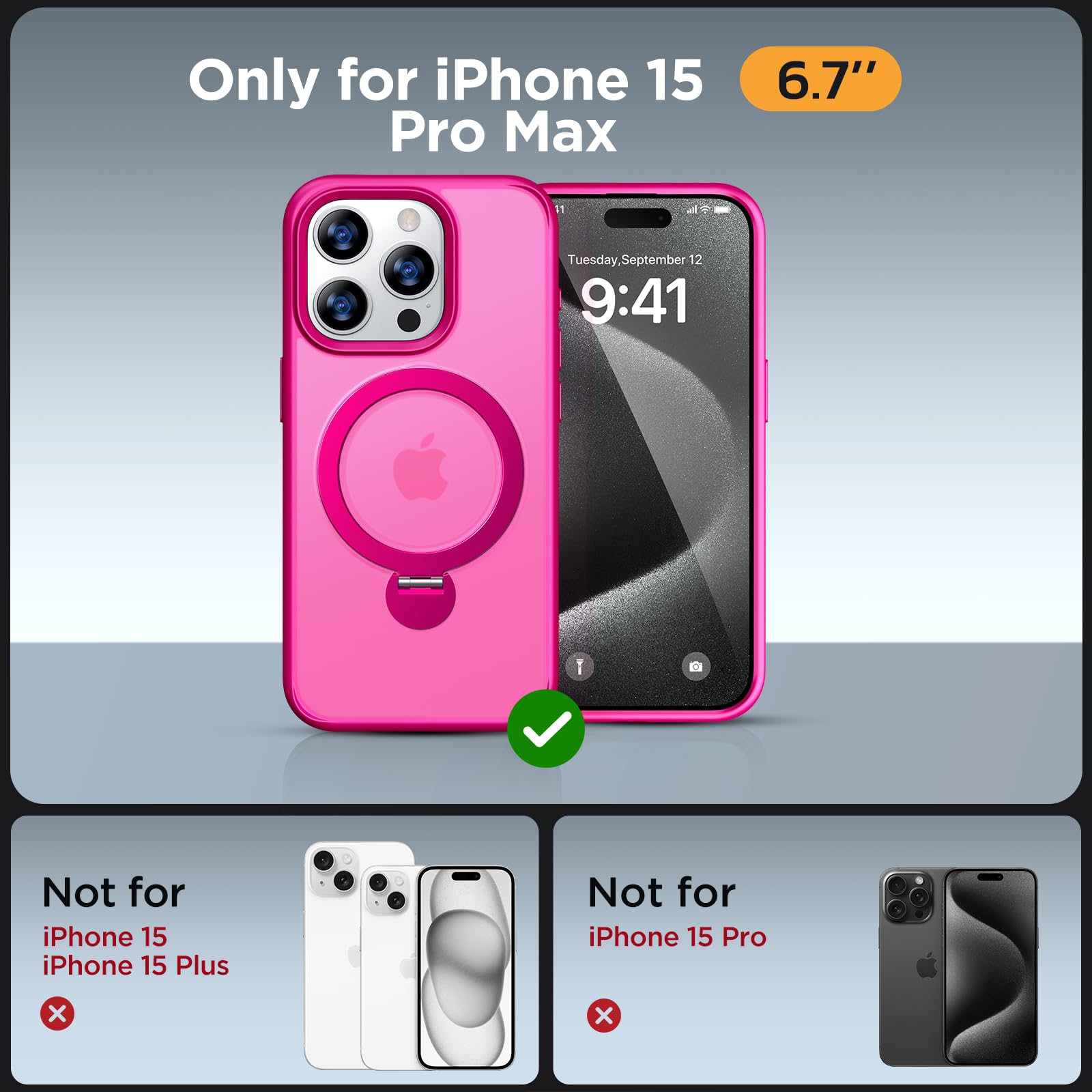 Miracase Magnetic Stand Case for iPhone 15 Pro Max - 360° Rotating MagSafe Compatible, Military-Grade Shockproof Protection, Matte Finish with Ring Holder (Pink) | Perfect for Work, Travel & Everyday Use
