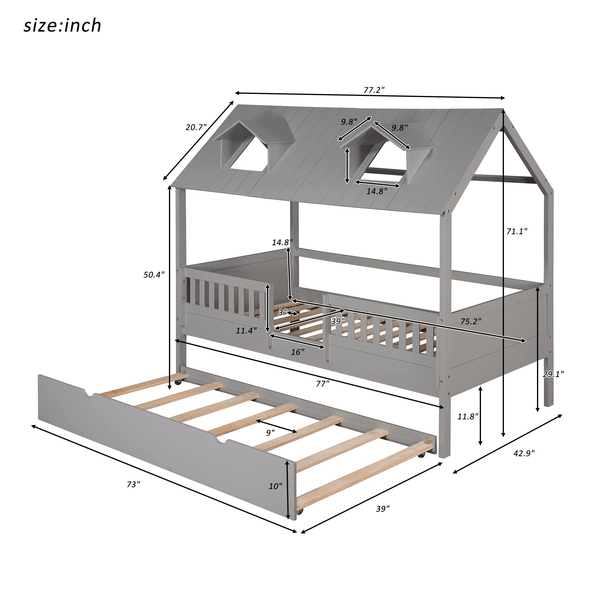 Twin Size Wooden House Bed with Trundle - Kids Daybed Frame with Safety Fence & Roof Design - Easy Assembly for Boys & Girls Bedroom - Perfect for Sleepovers, Playtime & Cozy Naps (Gray+Twin+House#)