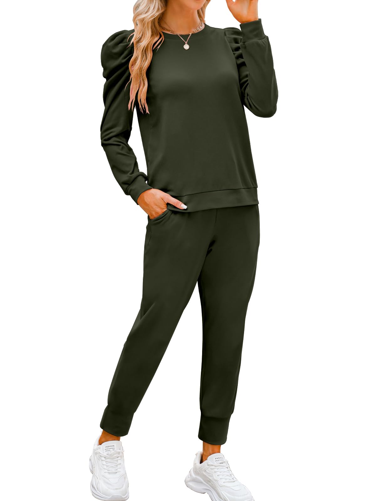 Onedreamer Women's 2-Piece Sweatsuit Set - Long Sleeve Puff Crewneck Sweatshirt & Jogger Pants | Cozy Lounge Wear for Home, Gym & Casual Outings