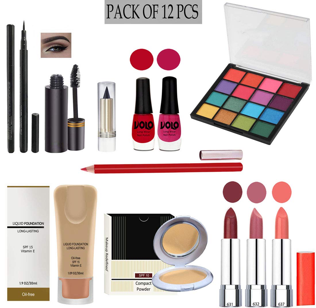 G4U Complete 12-Piece All-in-One Makeup Kit for Women - Includes 3 Lipsticks, Eyeliner, Mascara, Kajal, 2 Nail Polishes, 16-Color Eyeshadow Palette, Foundation, Compact Powder & Lipliner - Perfect for Travel, Everyday Use & Professional Makeup Looks