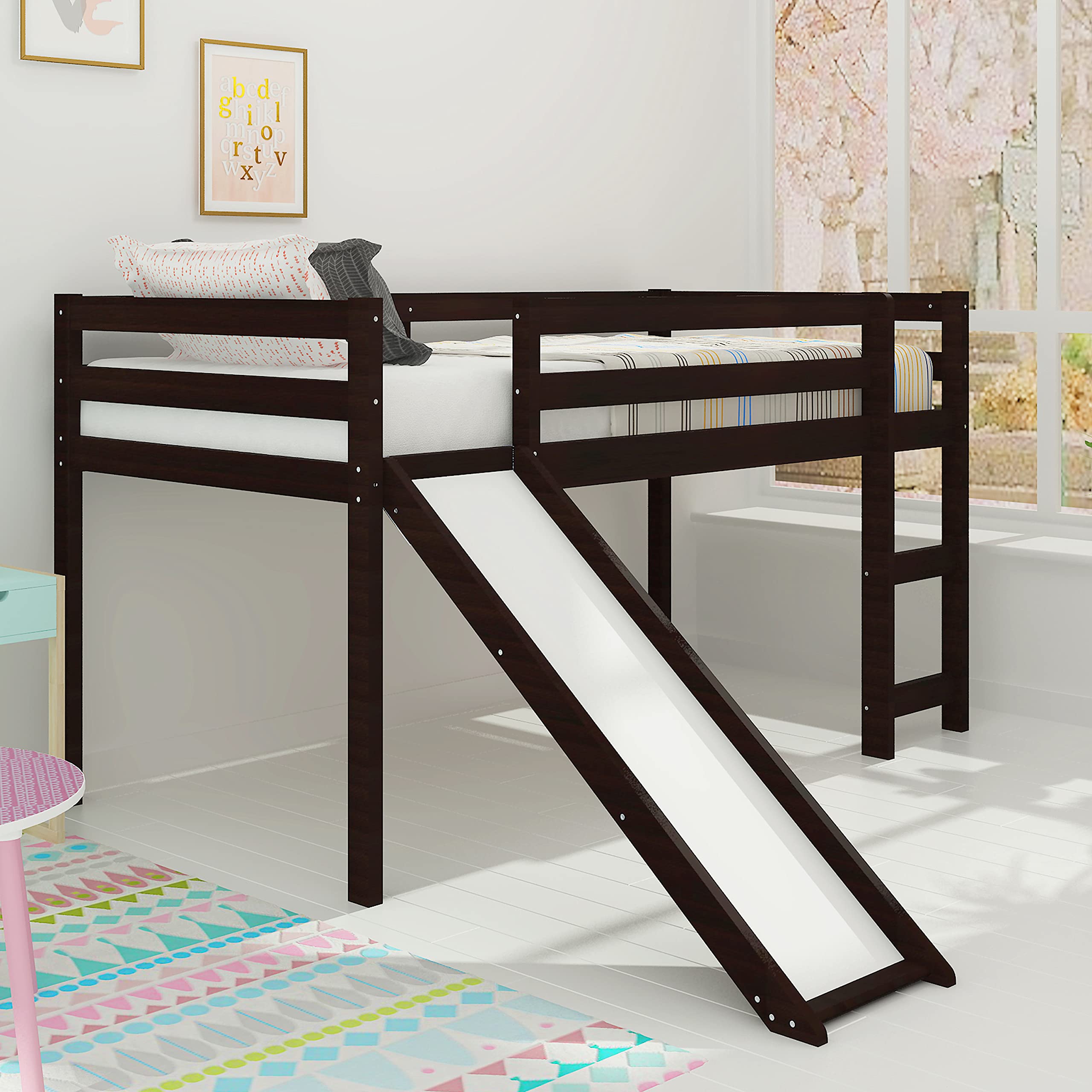 Merax Twin Size Wooden Loft Bed with Slide and 2-Step Ladder - Sturdy Low Loft Bed for Kids & Teens - Perfect for Small Bedrooms, Playrooms, and Dorm Rooms