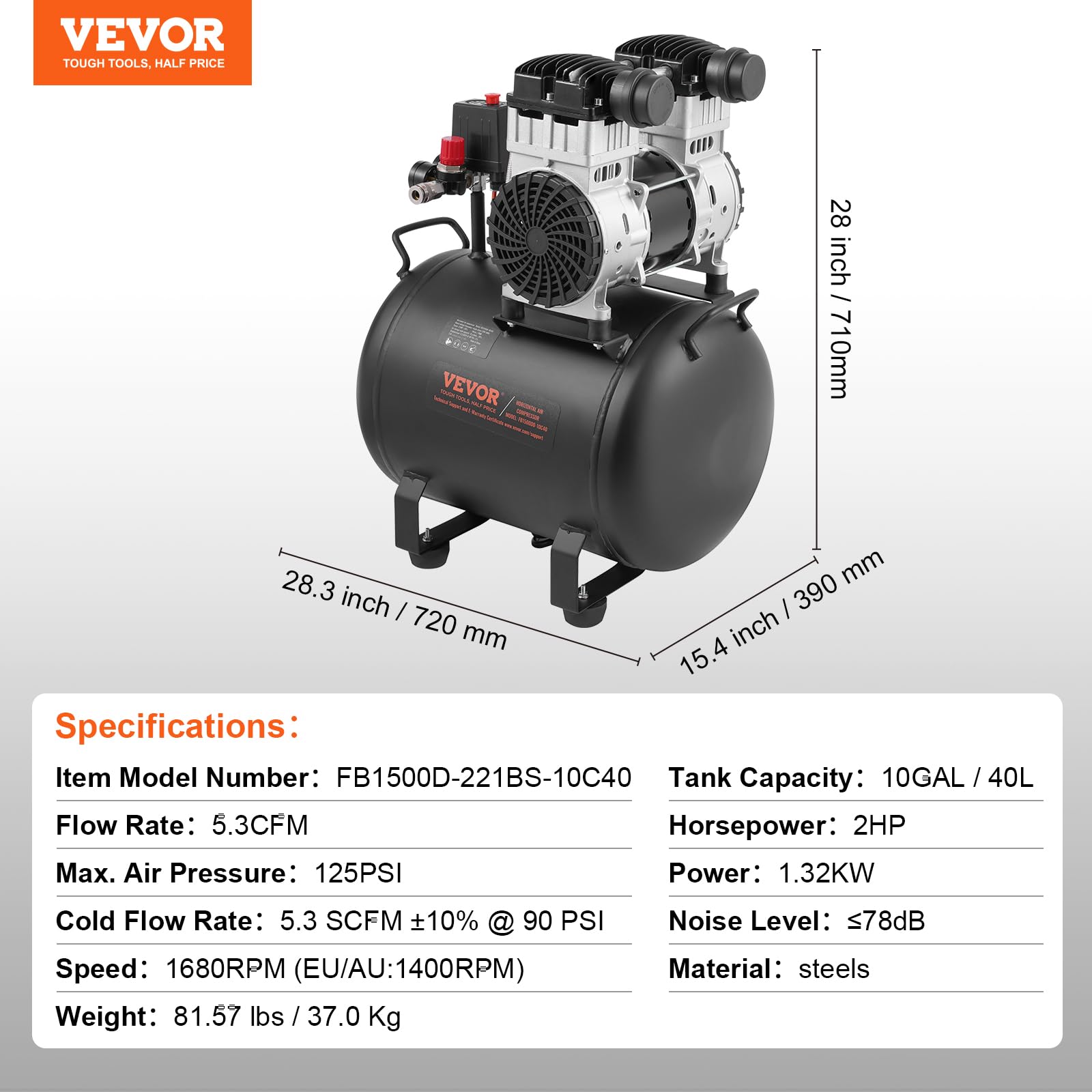 VEVOR 10 Gallon Steel Tank Air Compressor, 2HP 5.3 CFM@90 PSI Oil-Free, 125PSI Max Pressure, 78dB Ultra Quiet Portable Compressor for Auto Repair, Tire Inflation, Spray Painting - Perfect for Home Garage, DIY Projects, and Professional Workshops