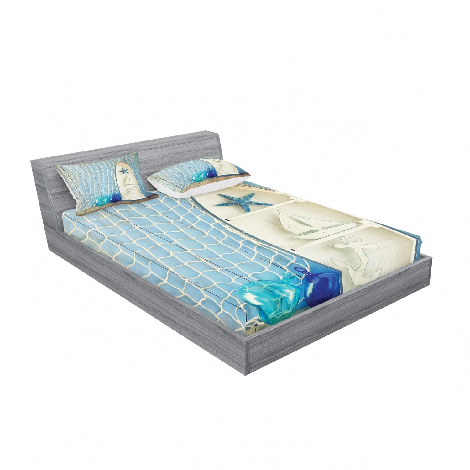 Ambesonne 2-Pack Nautical Fitted Sheet & Pillow Sham Set - Marine Starfish Design, Blue & White 4-Piece Bedding Decor (2 Full Size Fitted Sheets + 4 Pillow Covers) for Coastal Themed Bedroom, Guest Room or Beach House Decor