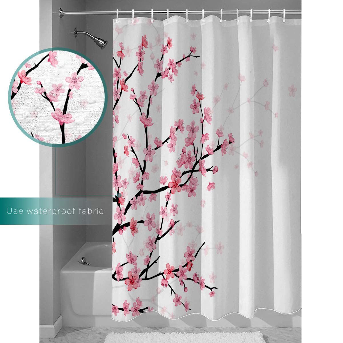 Hand Drawn Cherry Blossoms Waterproof Shower Curtain Set - 36 x 72 Inch Spring Pink Floral Bathroom Decor with 12 Hooks, Polyester Fabric for Bath & Shower - Perfect for Spring Refresh, Spa Days & Boho Bathroom Makeovers