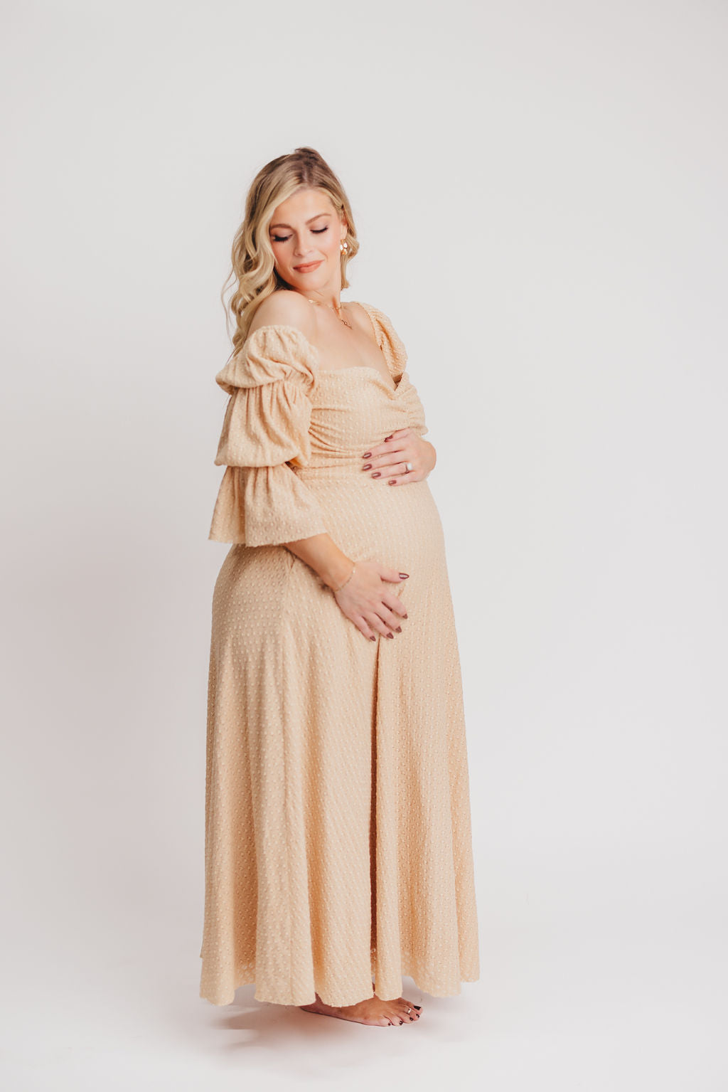 Corrine Tiered Sleeve Maxi Dress with Pockets - Bump Friendly Maternity Dress in Beige | Perfect for Pregnancy, Nursing, and Special Occasions