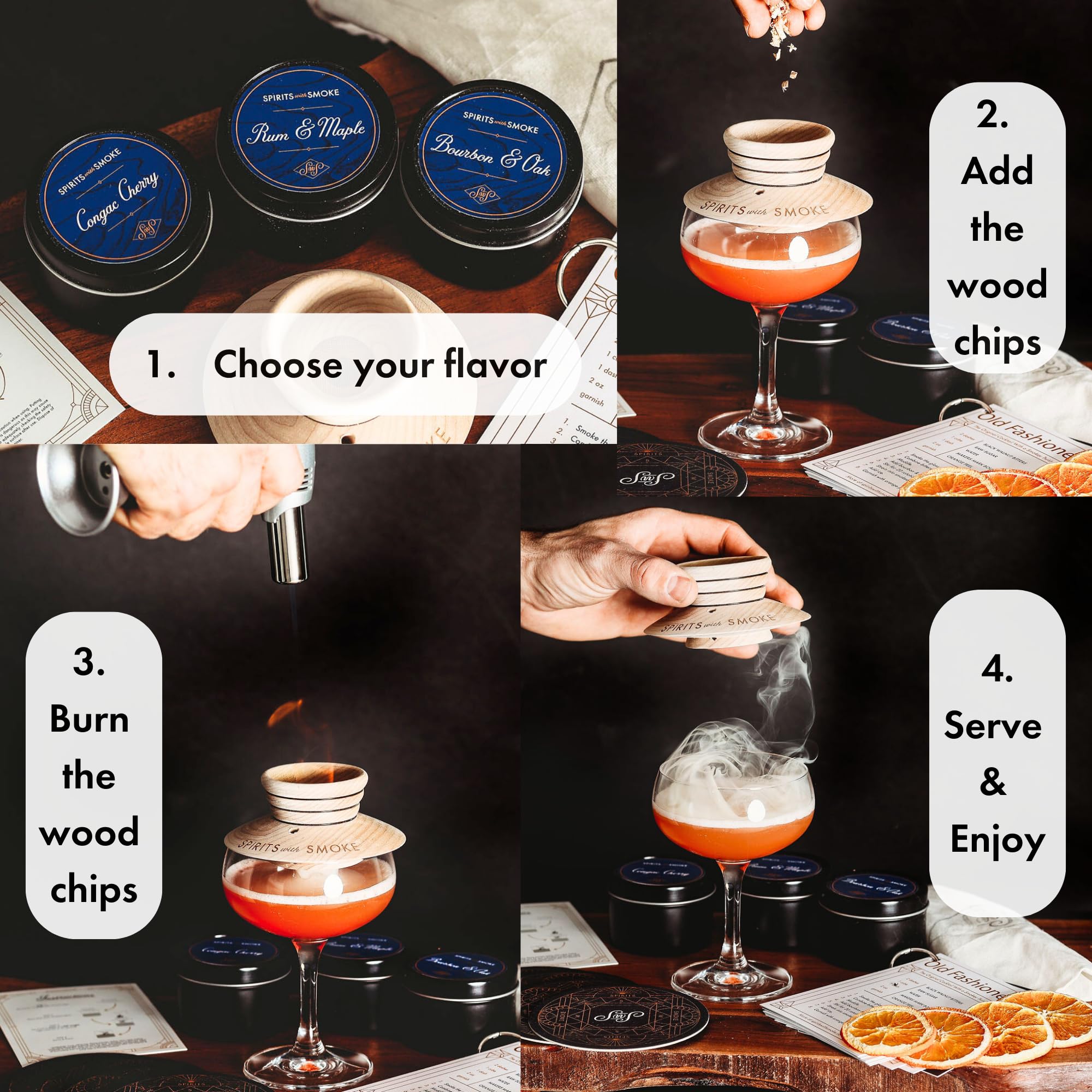 Premium Maple Wood Smoking Saucer Set - 1 Saucer, 3 Wood Chips & 4 Coasters for Cocktail Smoker | Luxury Bar Accessories & Unique Gifts for Men | Perfect for Home Bars, Cocktail Parties & Whiskey Enthusiasts