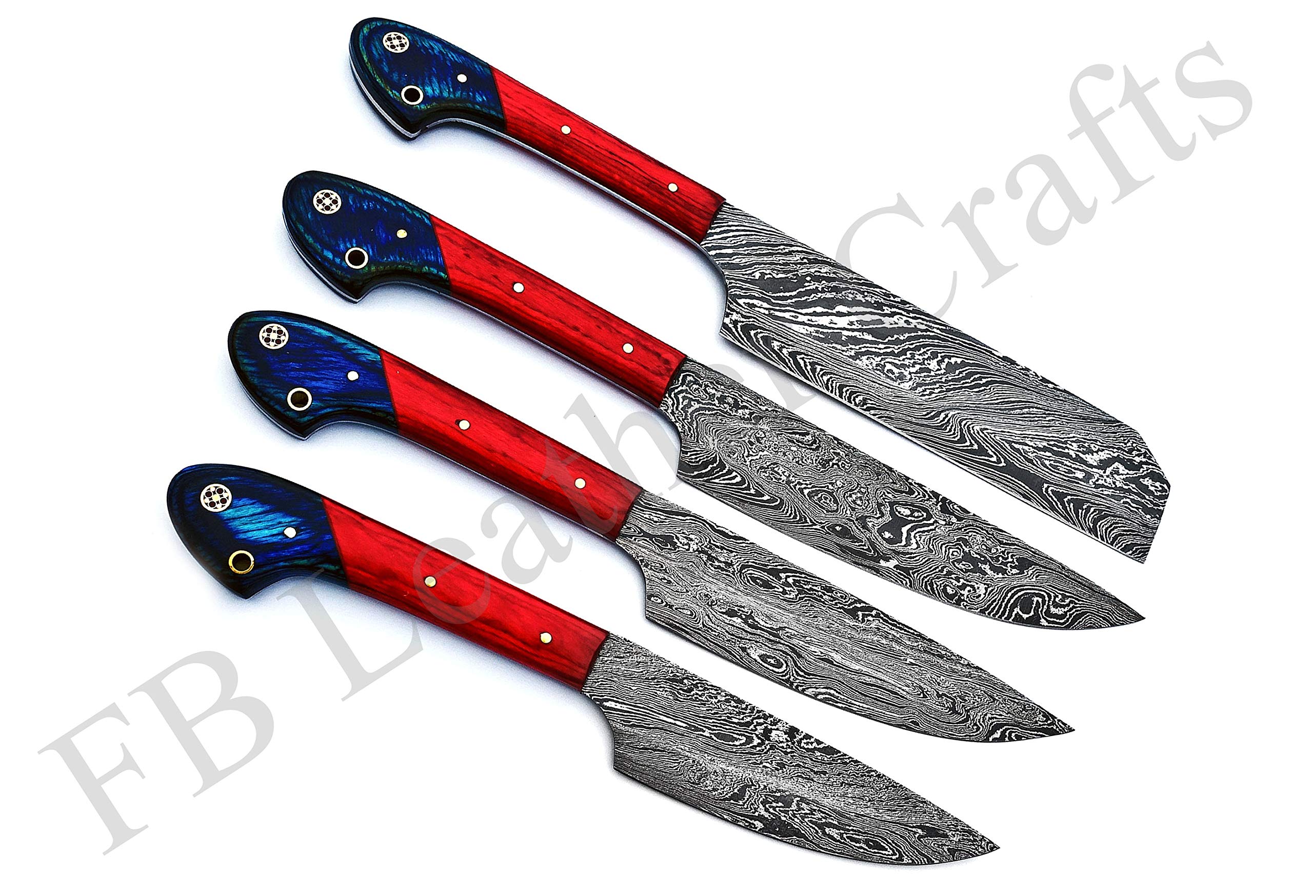 Premium Damascus Steel Knife Set - Hand Forged 4-Piece Chef & BBQ Knives with Colored Wood Handle (Red/Blue) - Perfect for Professional Cooking, Outdoor Grilling & Kitchen Gift