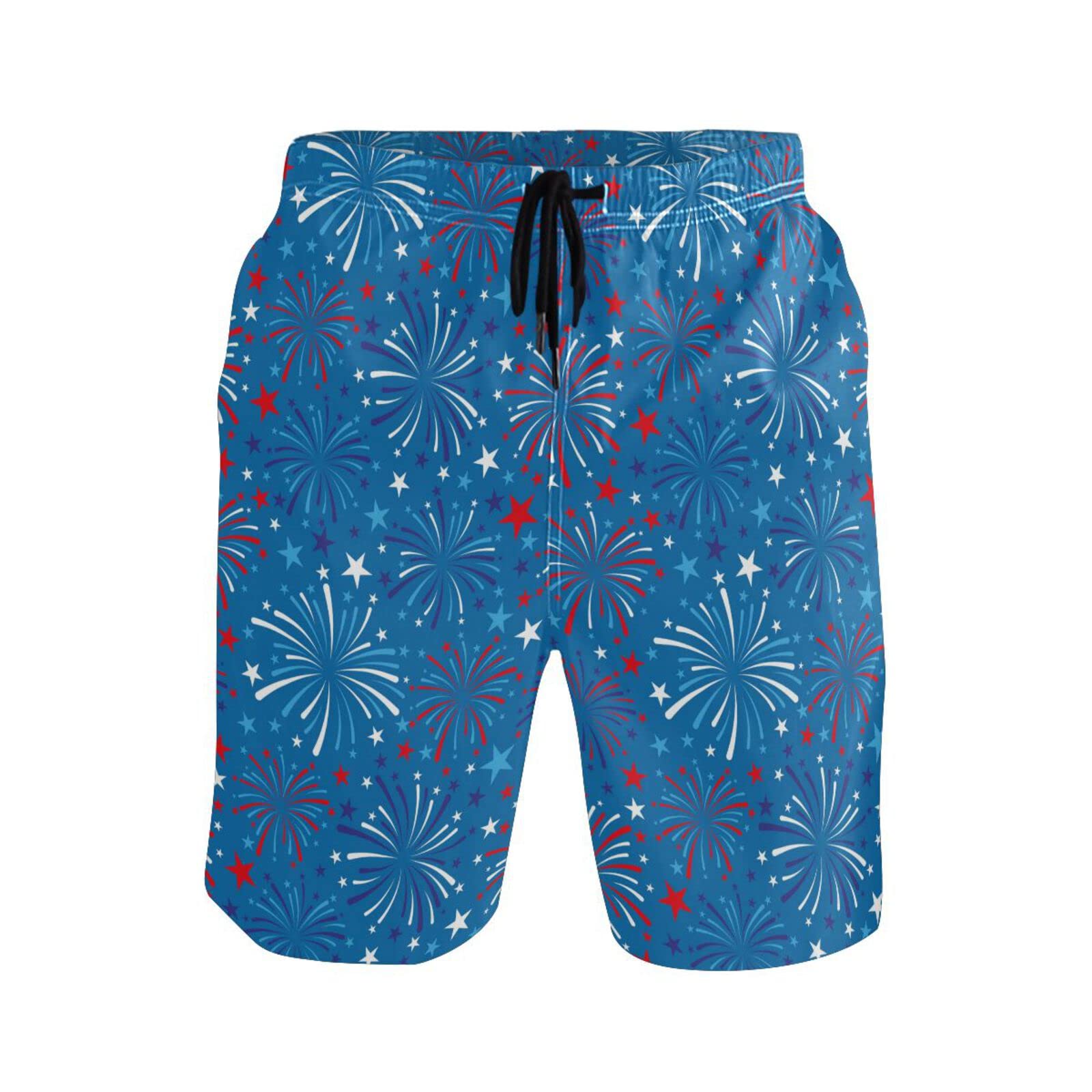 Men's Quick Dry Swim Trunks - Patriotic American Flag Design with Fireworks & Stars - Perfect for 4th of July, Beach, Pool & Summer Vacations