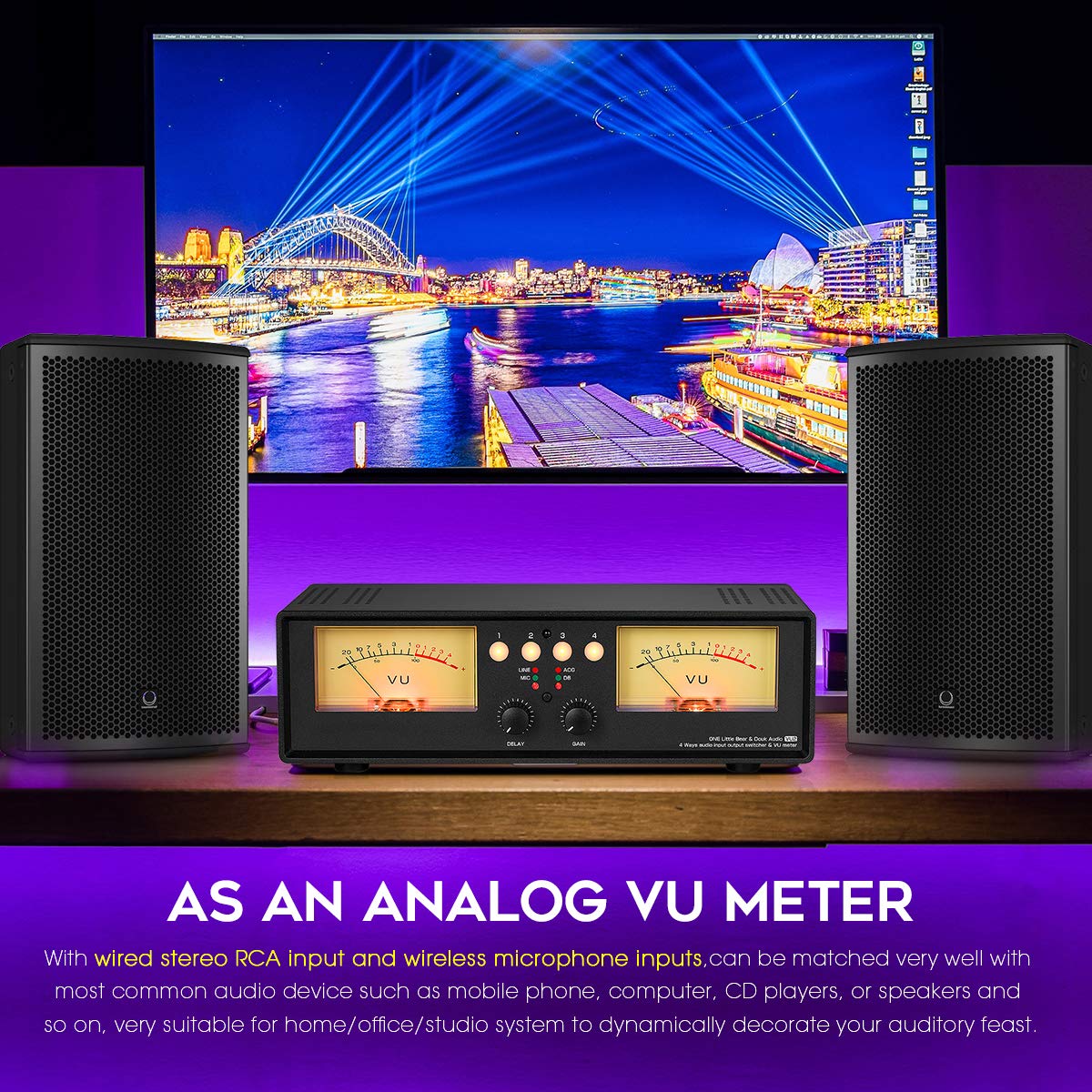 Douk Audio VU2 Dual VU Meter - Analog Sound Level Indicator with 4-Way Splitter Switch for MIC & Line Input - Audio Switcher Box for Speaker, Amplifier, Preamp (Light Version) - Perfect for Home Studios, DJ Setups & Live Sound Systems