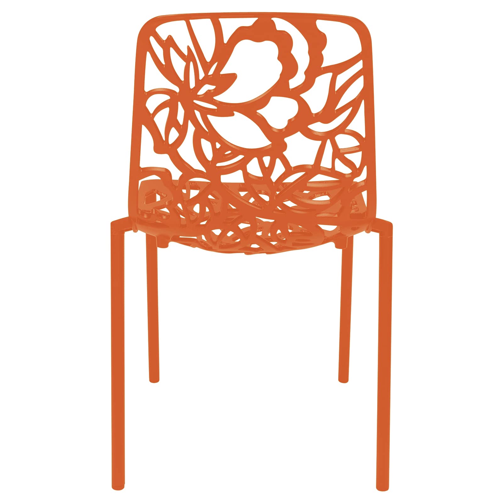 LeisureMod Aluminum Stackable Patio Chairs Set of 2 - Indoor/Outdoor Dining Side Chairs with Floral Cutout Design, Devon Collection in Orange - Perfect for Backyard, Garden, Poolside & Kitchen Use