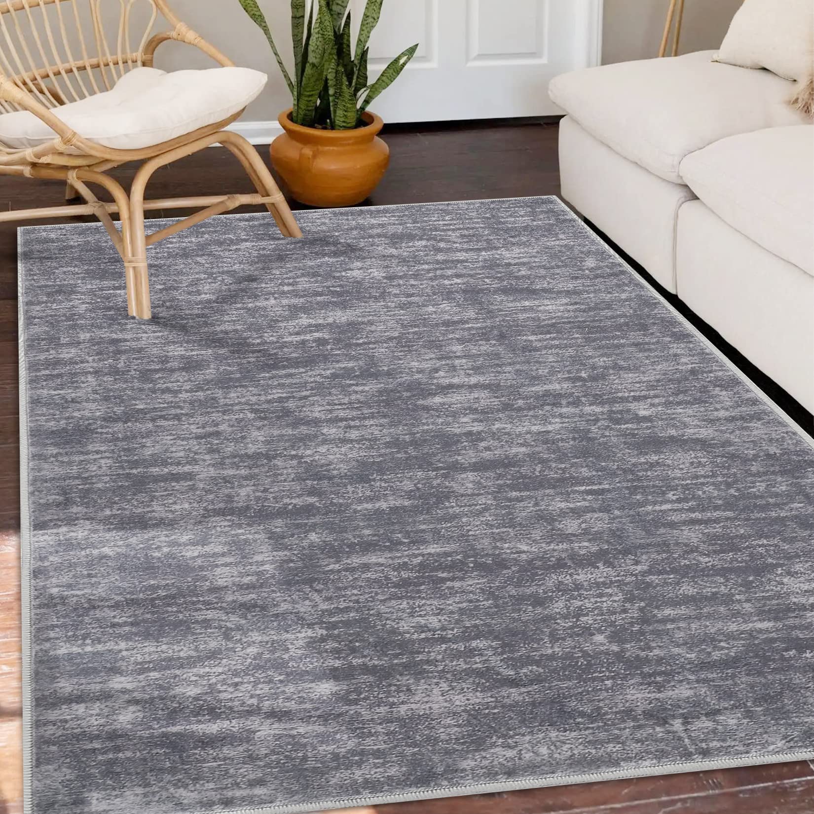 8x10 Washable Non-Slip Low Pile Modern Solid Area Rug - Grey Contemporary Living Room Carpet for Bedroom, Home Decor | Perfect for Boho Style Spaces & High-Traffic Areas