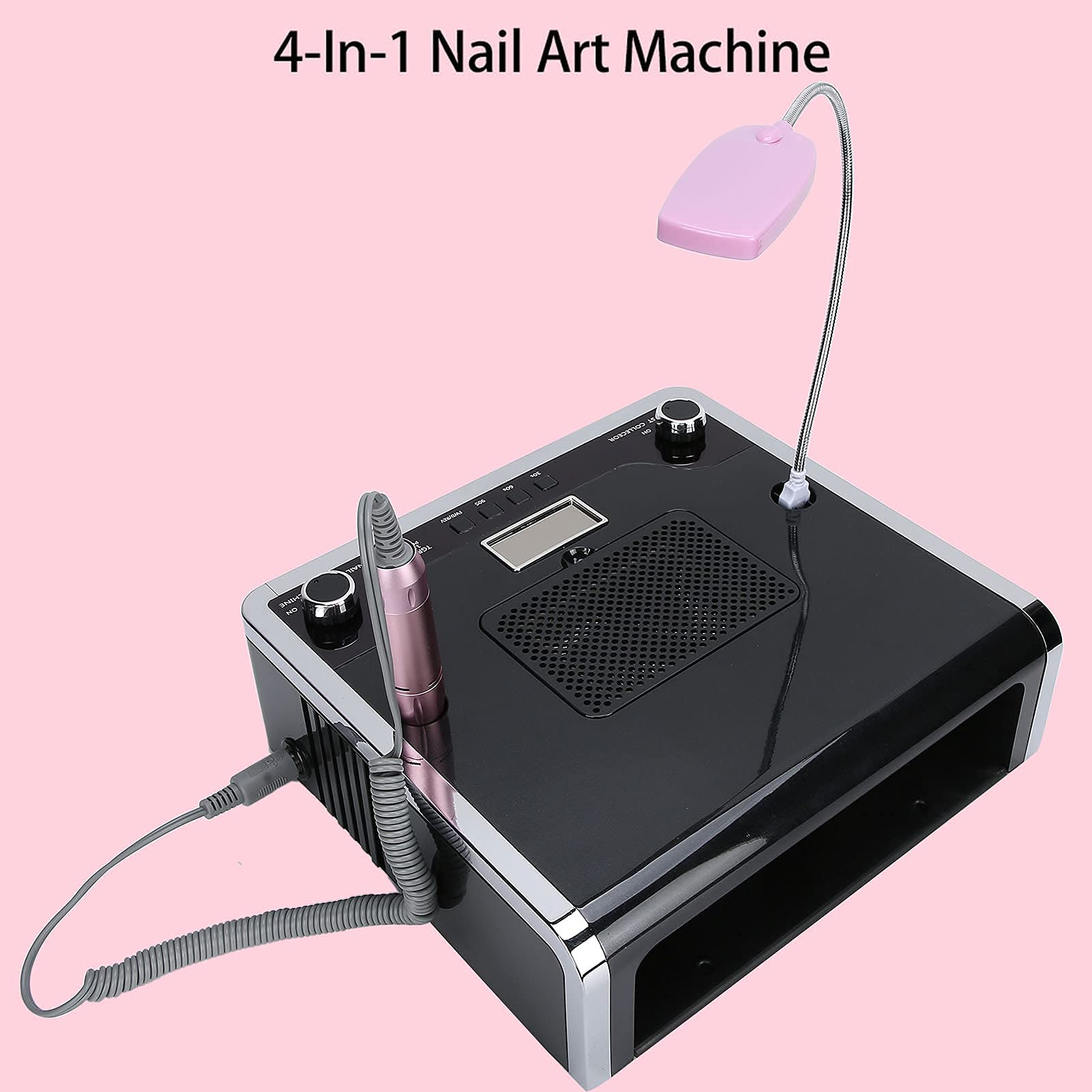 Professional 4-in-1 Electric Nail Drill Kit with LED Nail Lamp & Dust Collector - 30000 RPM Nail Grinding Machine for Acrylic & Gel Nails - Perfect for Salon & Home Manicure/Pedicure (Black)