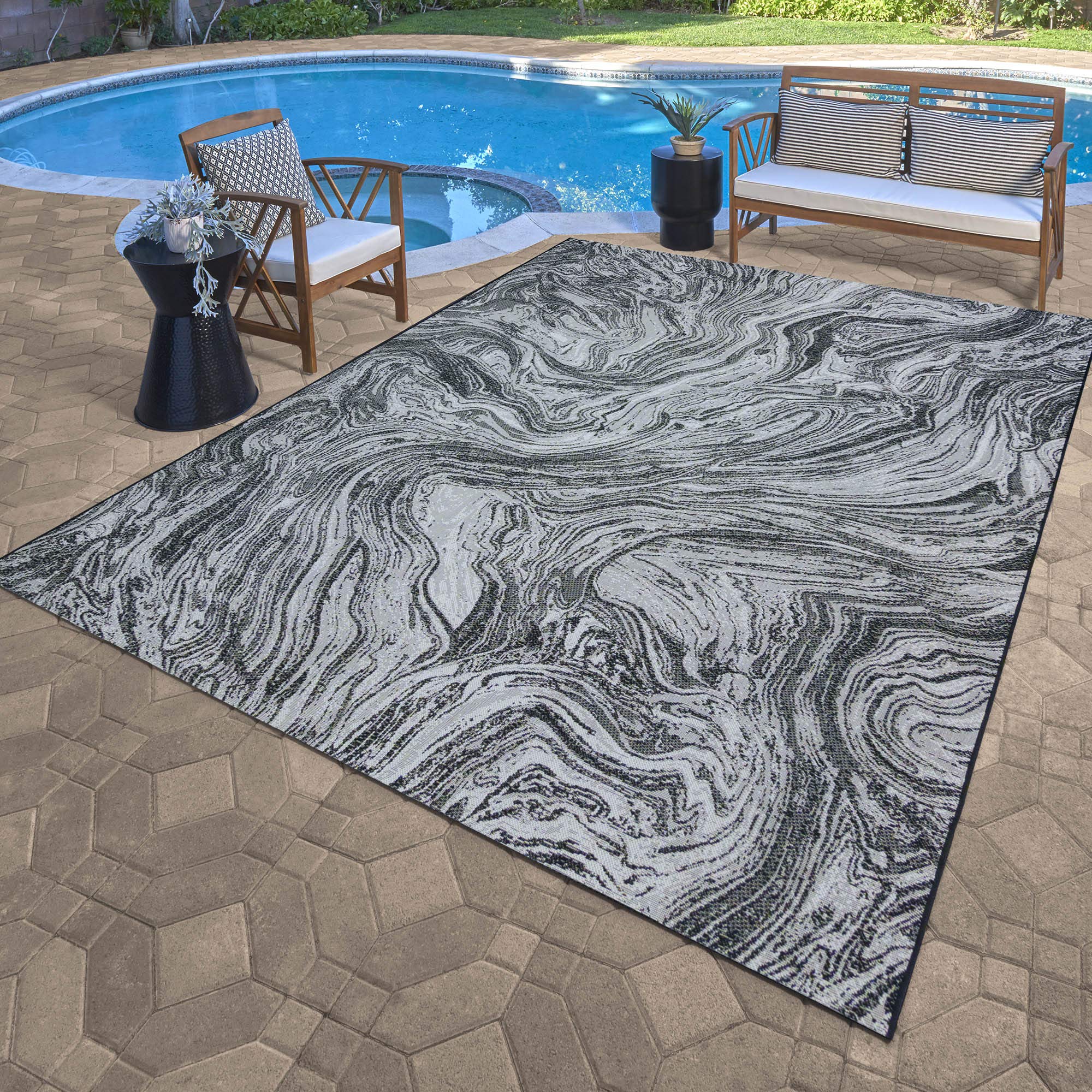 Gertmenian Indoor Outdoor Area Rug 6x9 FT - Classic Flatweave Washable Carpet with Stain & UV Resistance - Abstract Ocean Current Pattern in Black & White - Perfect for Deck, Patio, Poolside, Mudroom & High-Traffic Areas