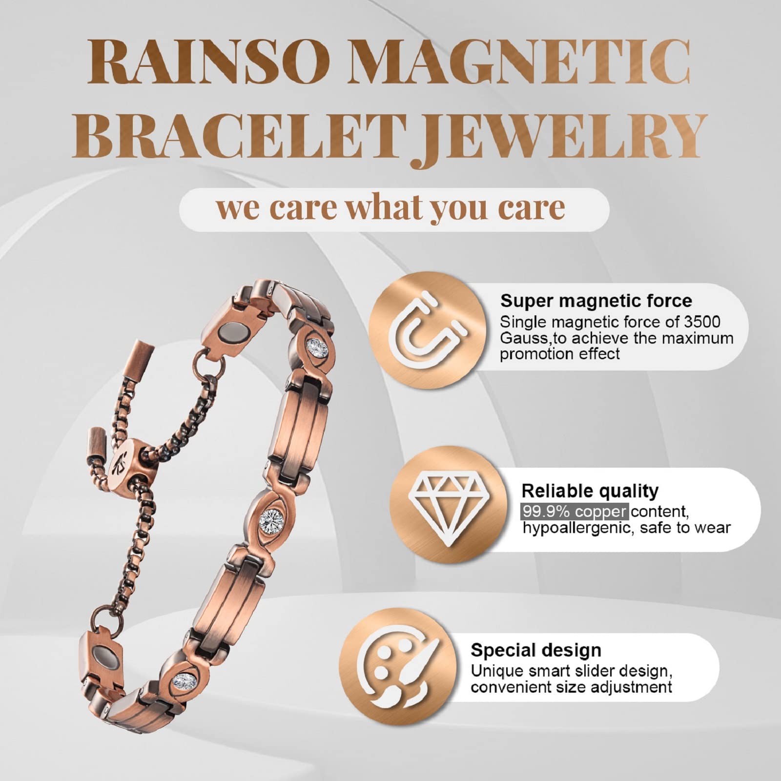 RainSo Women's Pure Copper Magnetic Therapy Bracelet - Adjustable Size for Comfort, Elegant Gift Box Included - Perfect for Pain Relief, Stress Reduction & Wellness
