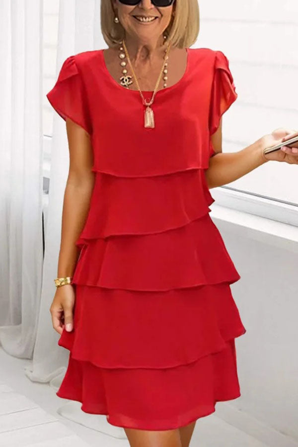 Solid Color Round Neck Short Sleeve Casual Multi-Layered Mini Dress for Women - Summer Beach Party, Date Night & Everyday Wear