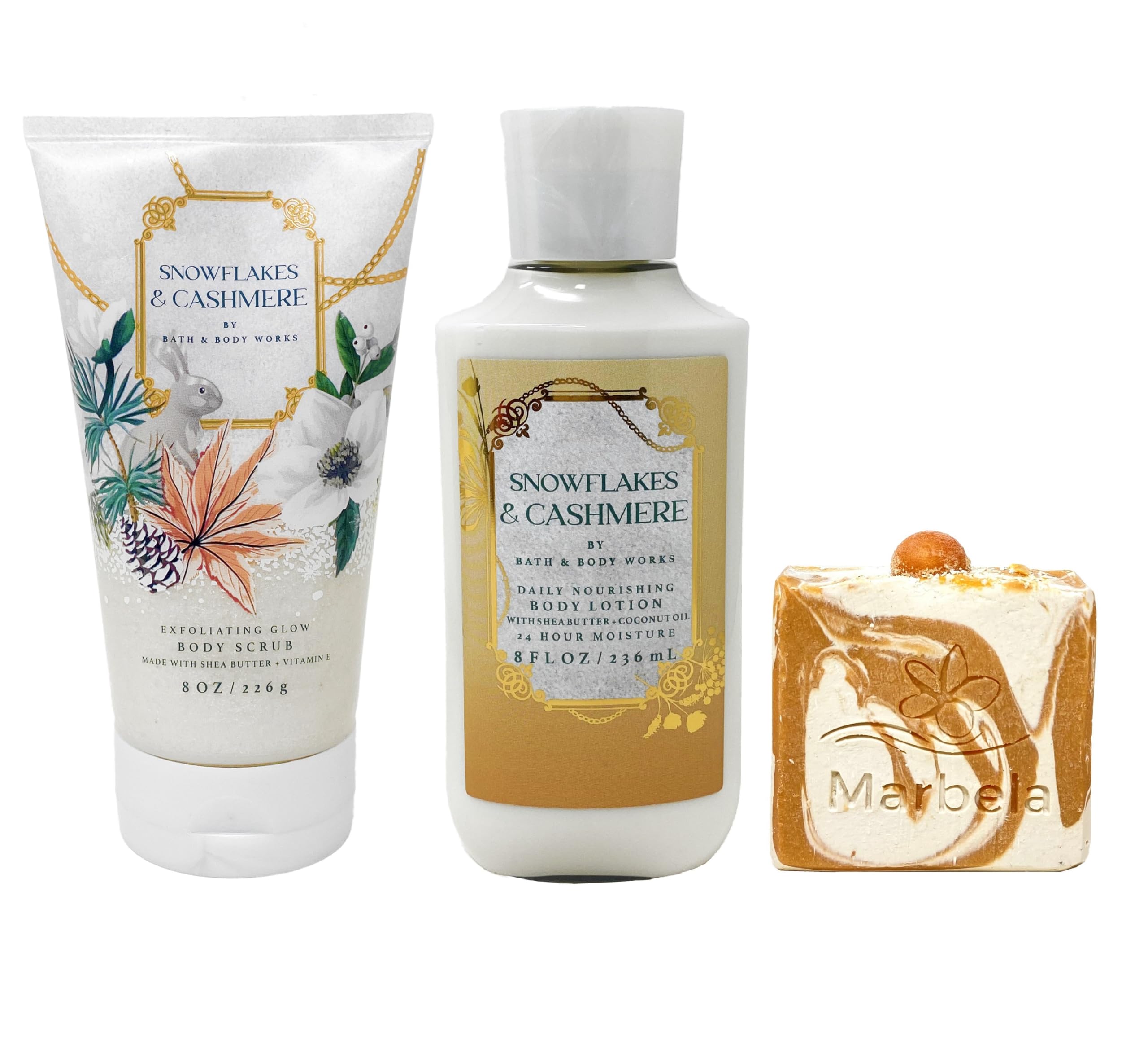 Bath & Body Works Snowflakes & Cashmere Body Lotion & Scrub Gift Set with Peach Gardenia Soap Bar - Moisturizing Winter Skincare Routine for Dry Skin & Luxurious Bath Time Relaxation