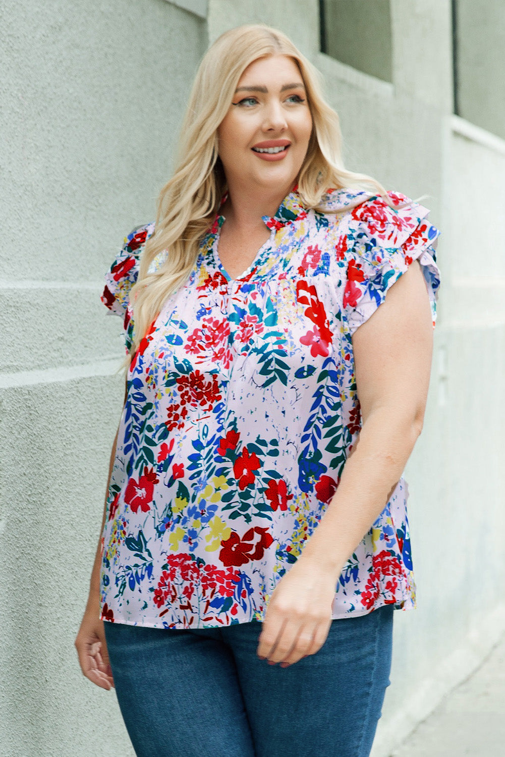 Plus Size Floral Print Flutter Sleeve Blouse - Women's Summer Vacation Tops for Beach, Cruise & Tropical Getaways
