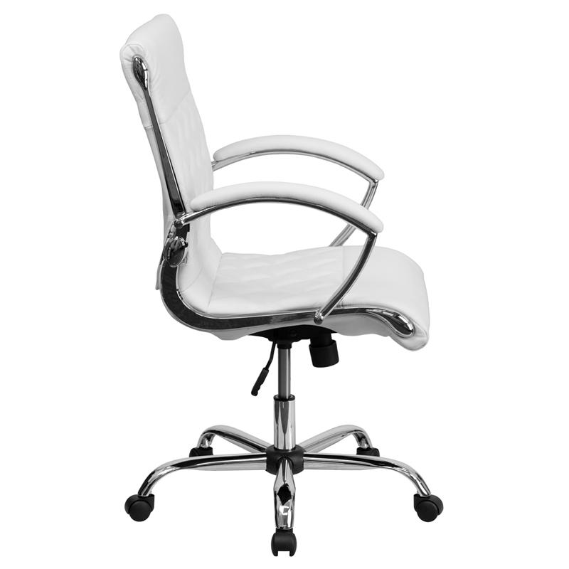 FLASH Merideth Mid Back Designer Black LeatherSoft Executive Swivel Office Chair with Chrome Base & Arms - Ergonomic Desk Chair for Home Office, Conference Room & Workspace